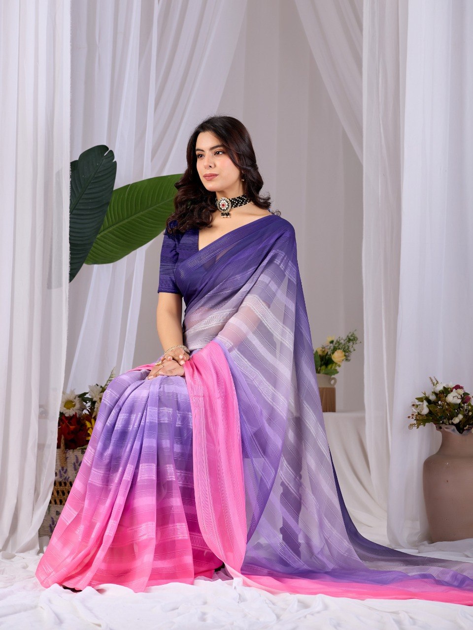 Purple Pink Dual Tone Monsoon Saree with Blouse