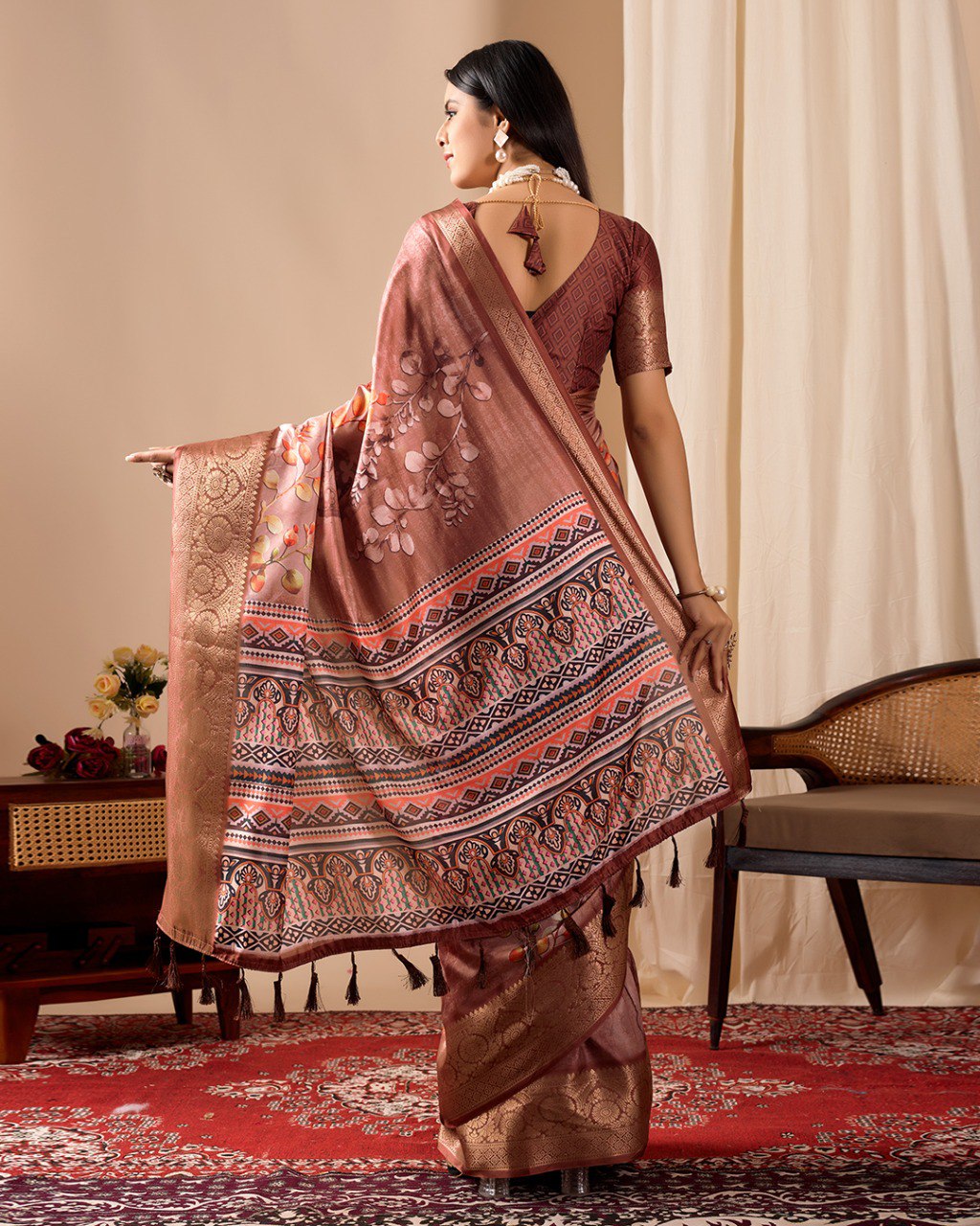 Brown Lichi Silk Saree with Patola Design Woven Border Elegant Ethnic Wear