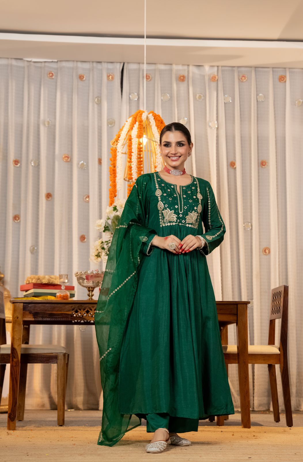 Orange & Green Chanderi Silk Kurti Set for Women with Organza Dupatta