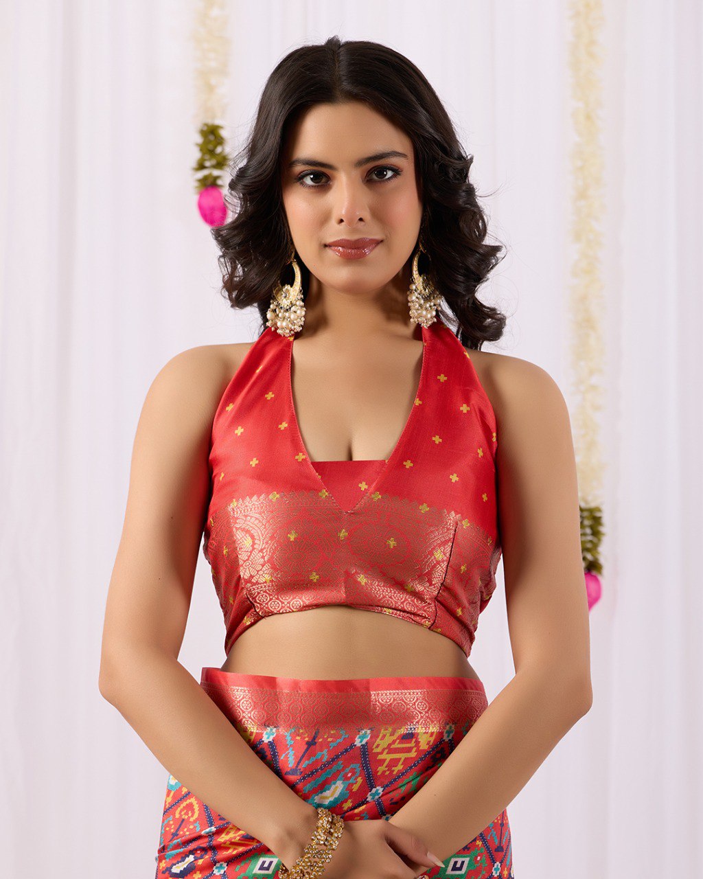 Red Patola Lichi Silk Saree with Contrast Blouse