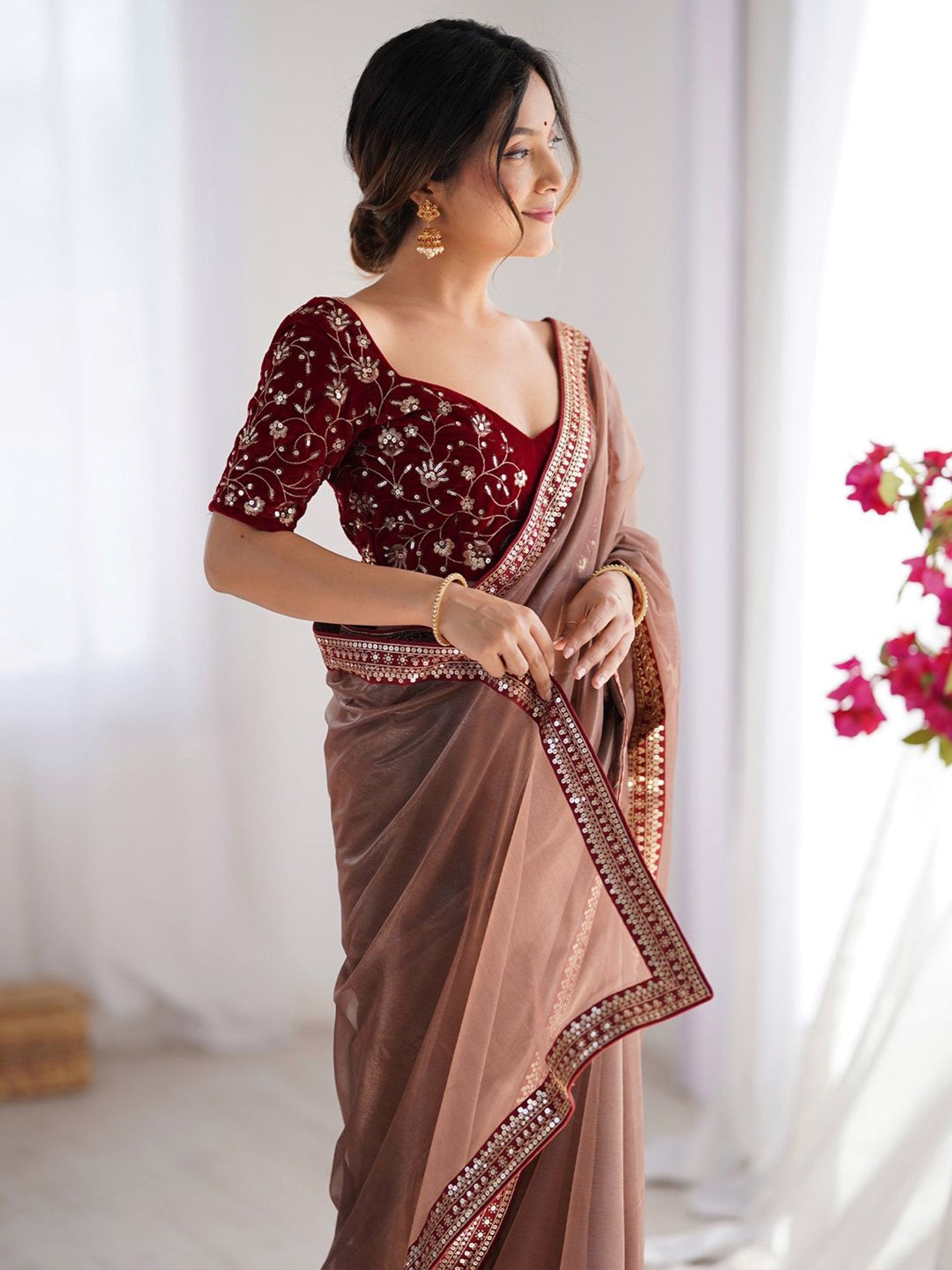 Brown Net Saree with Velvet Embroidered Blouse