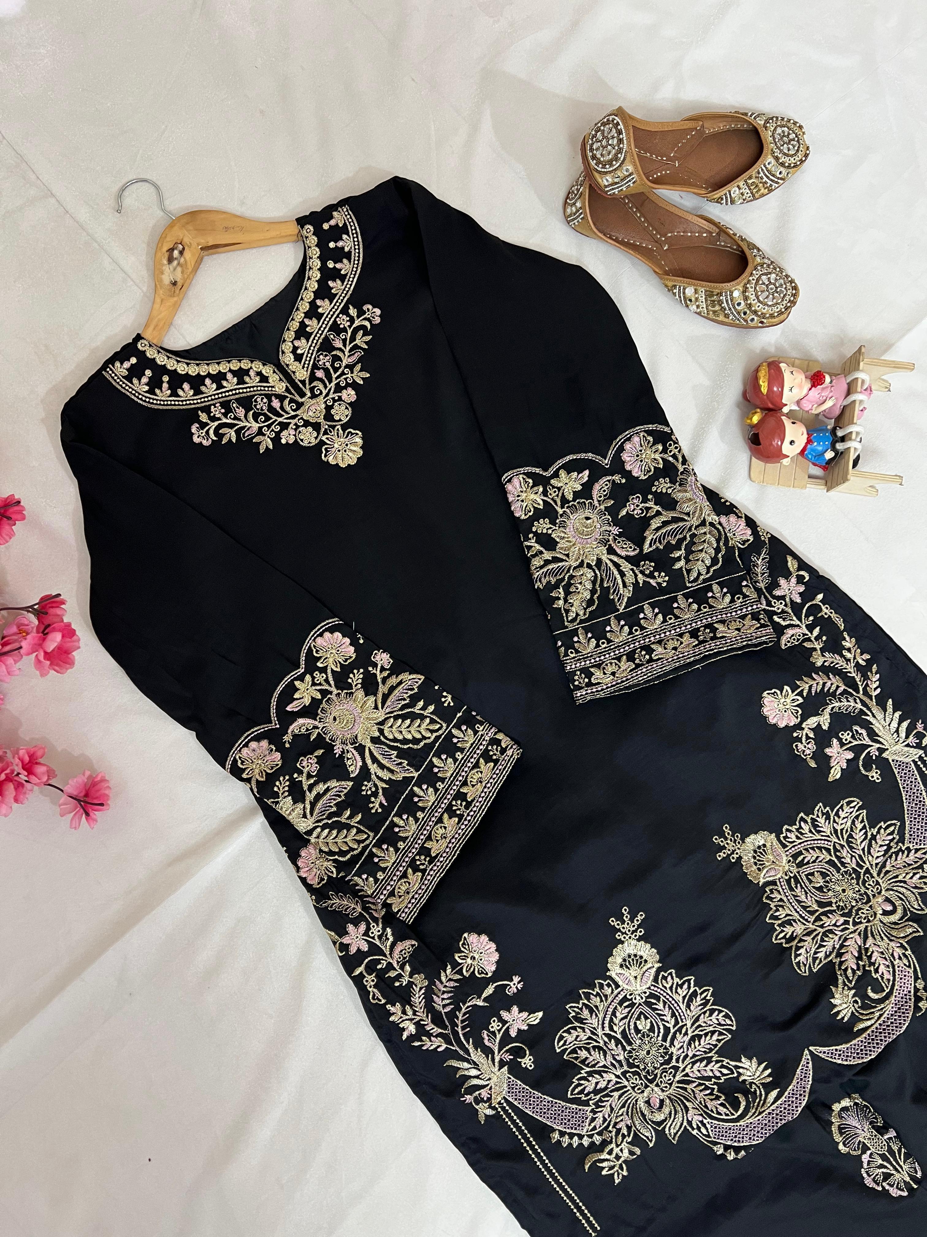 Black Muslin Cotton Embroidered Co-Ord Palazzo Set