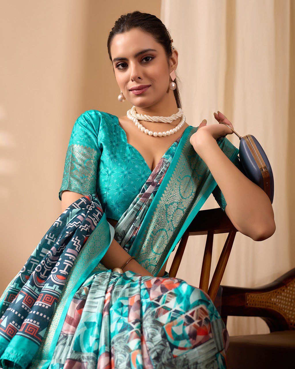 Sea Green Lichi Silk Saree with Zari Border Abstract Floral Print