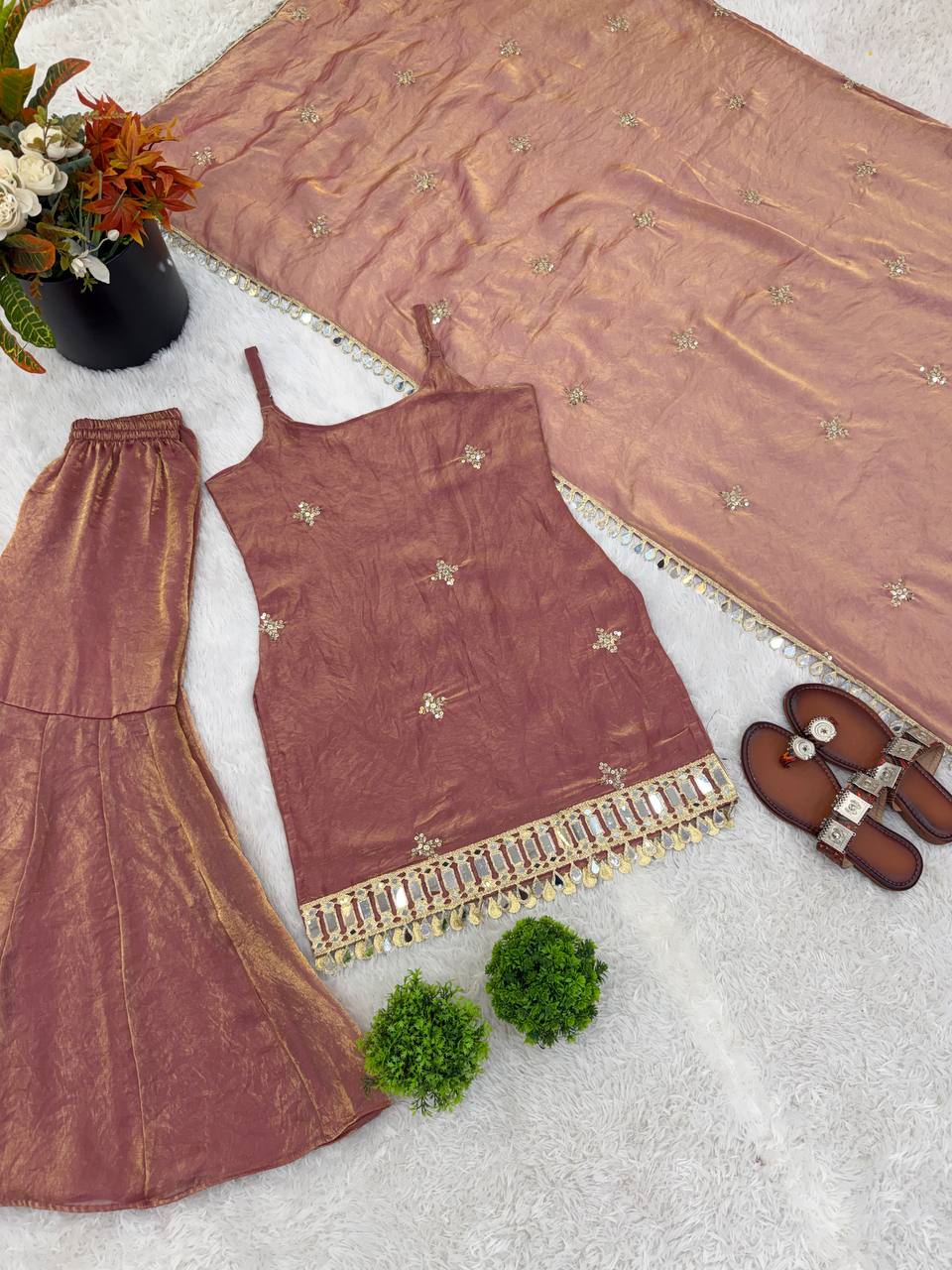 Fendy Silk Sharara Palazzo Set with Dupatta Mirror Work Embroidered Festive Wear