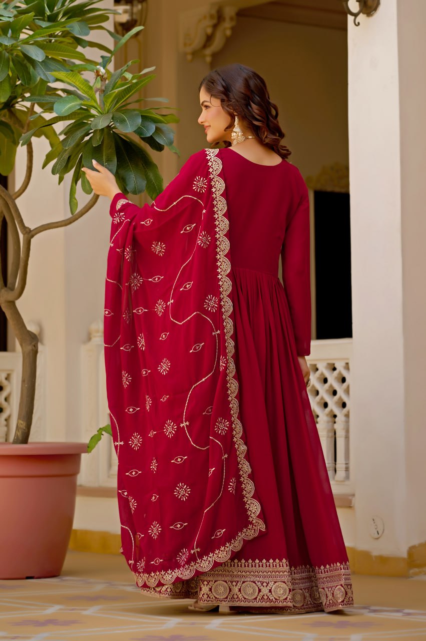 Maroon Sequins Anarkali Gown with Dupatta