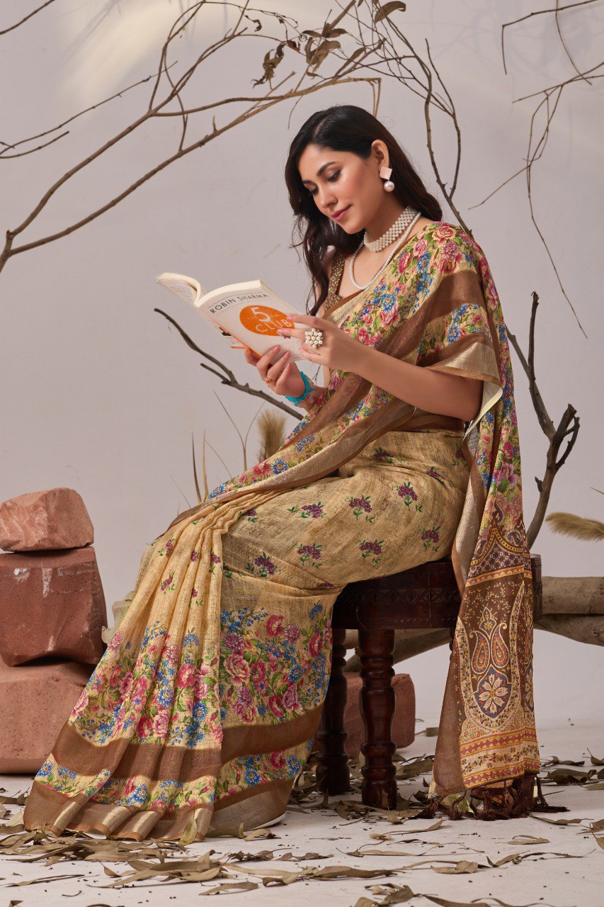 Beige Floral Linen Cotton Saree with Printed Blouse