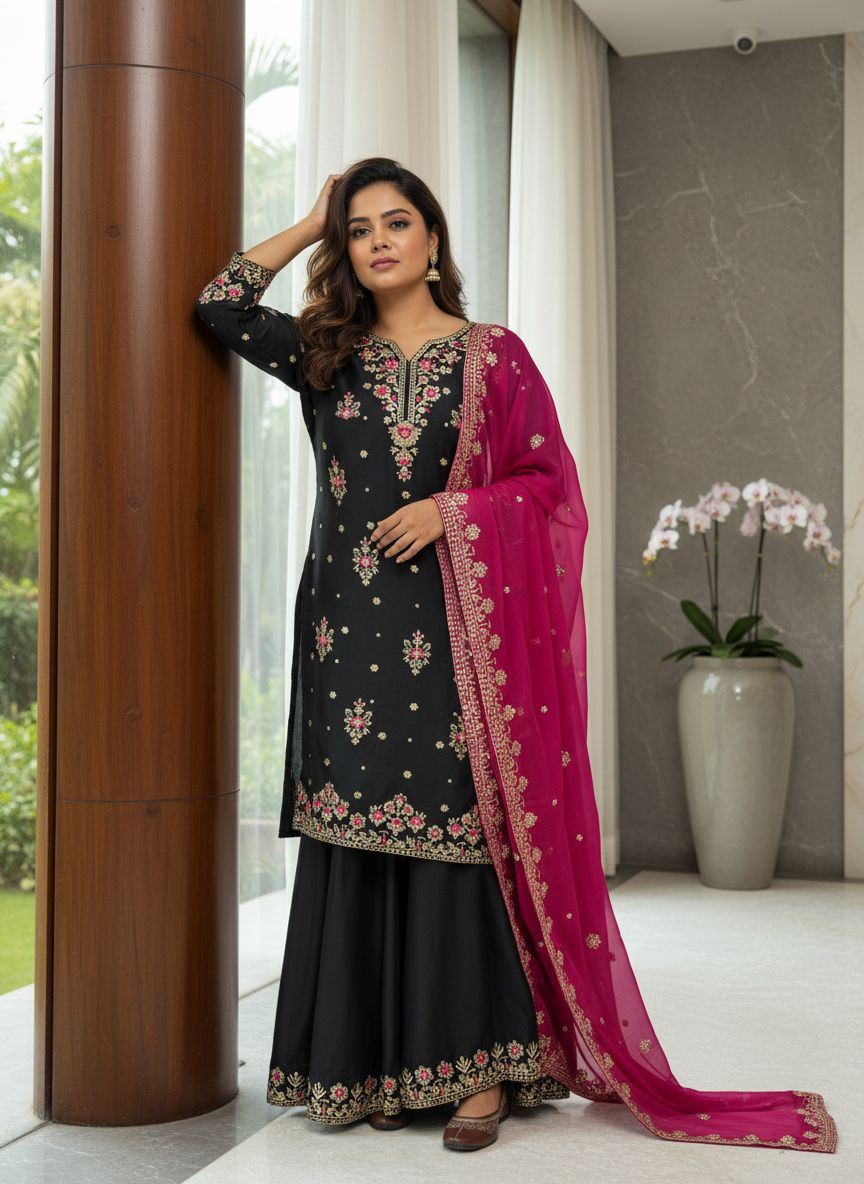 Black & Off White Georgette Sequins Palazzo Set with Dupatta
