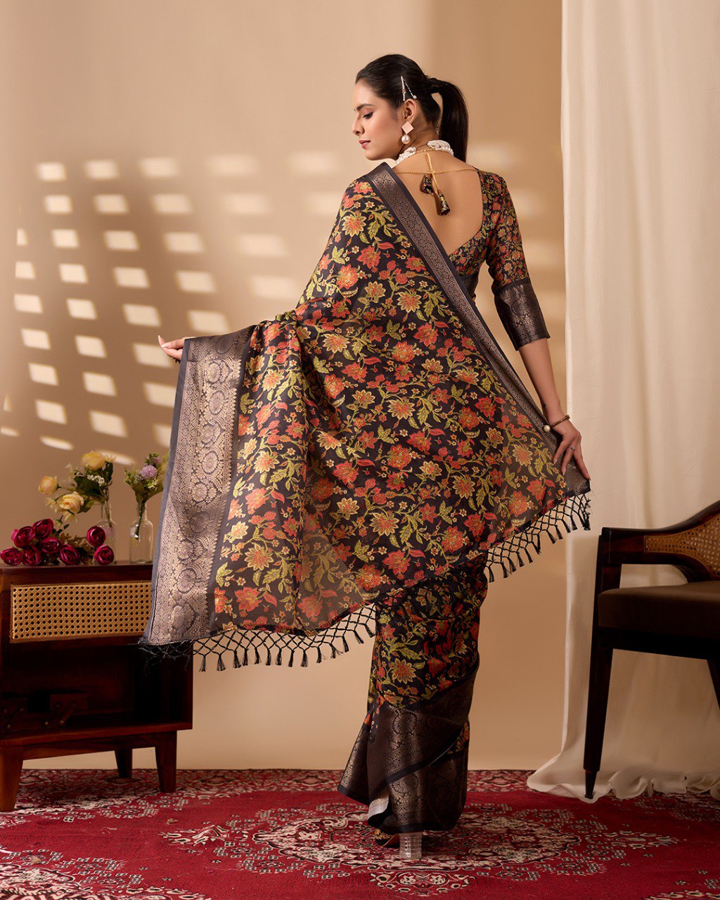 Black Floral Lichi Silk Saree with Zari Border Blouse