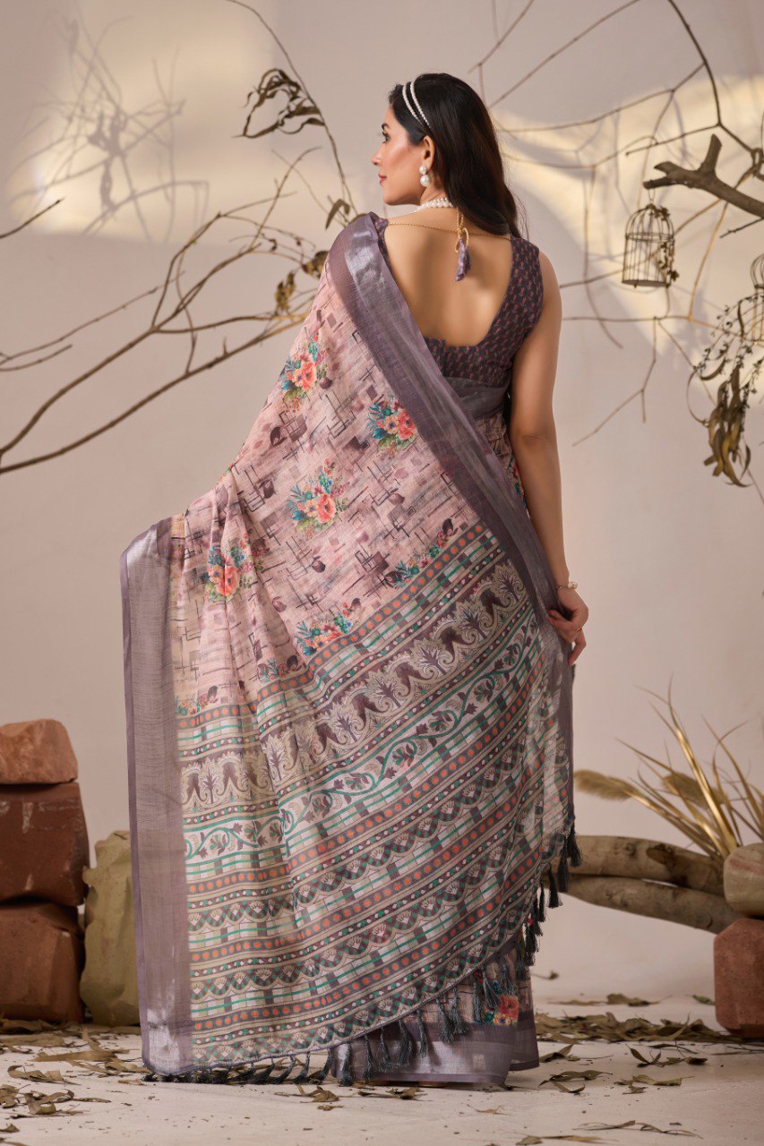 Floral Linen Cotton Saree with Patola Border Blouse