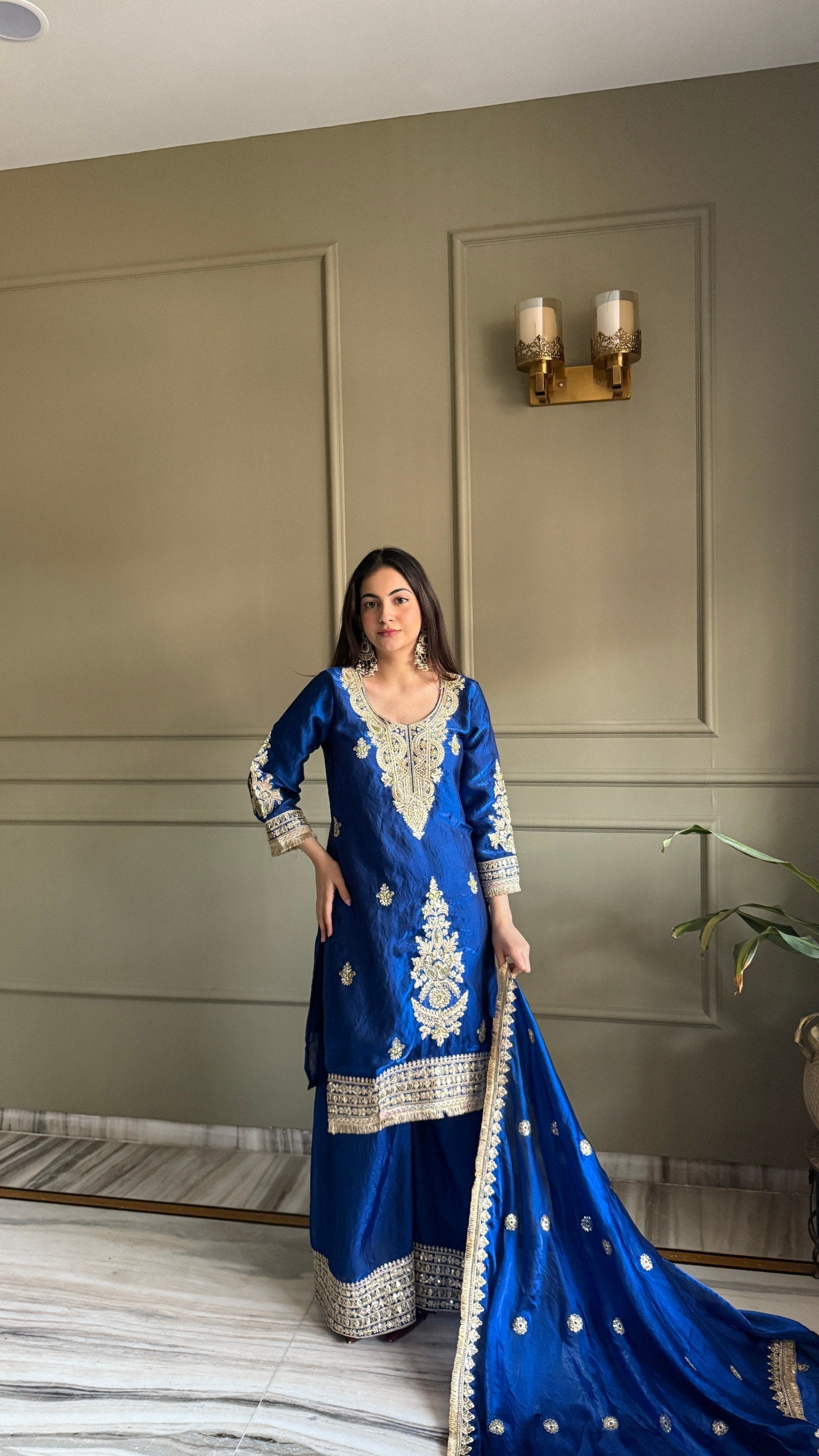 Pink & Navy Fendi Satin Designer Kurti Palazzo Set