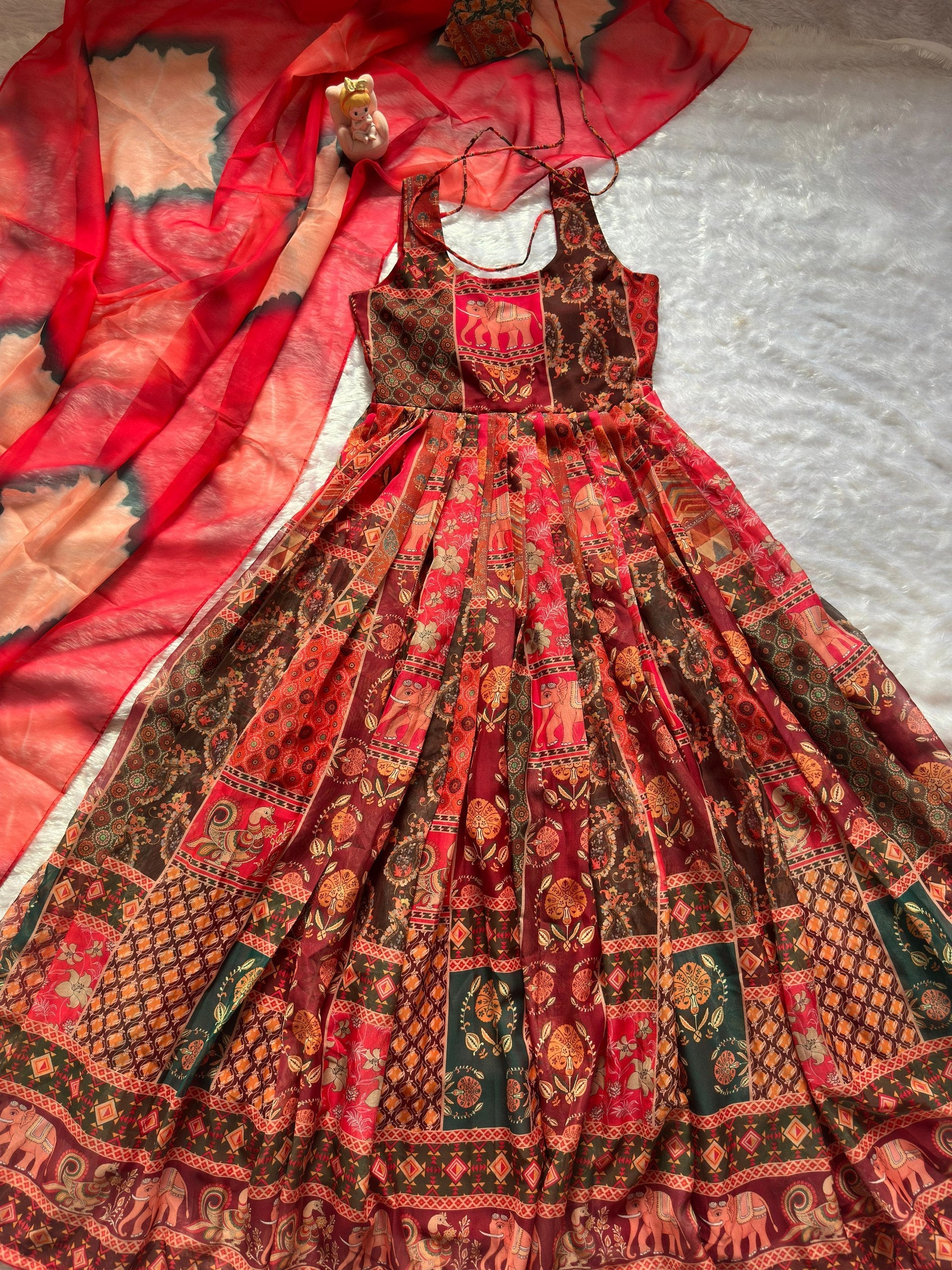Red Patola Print Organza Gown with Dupatta