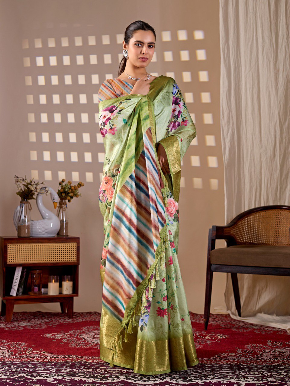 Green Floral Lichi Silk Saree with Zari Border Blouse