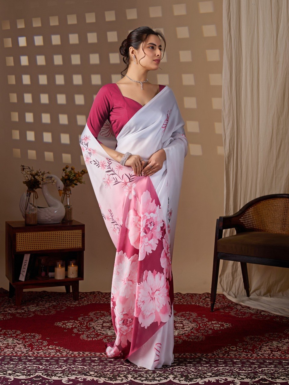 White Pink Floral Satin Georgette Saree with Blouse