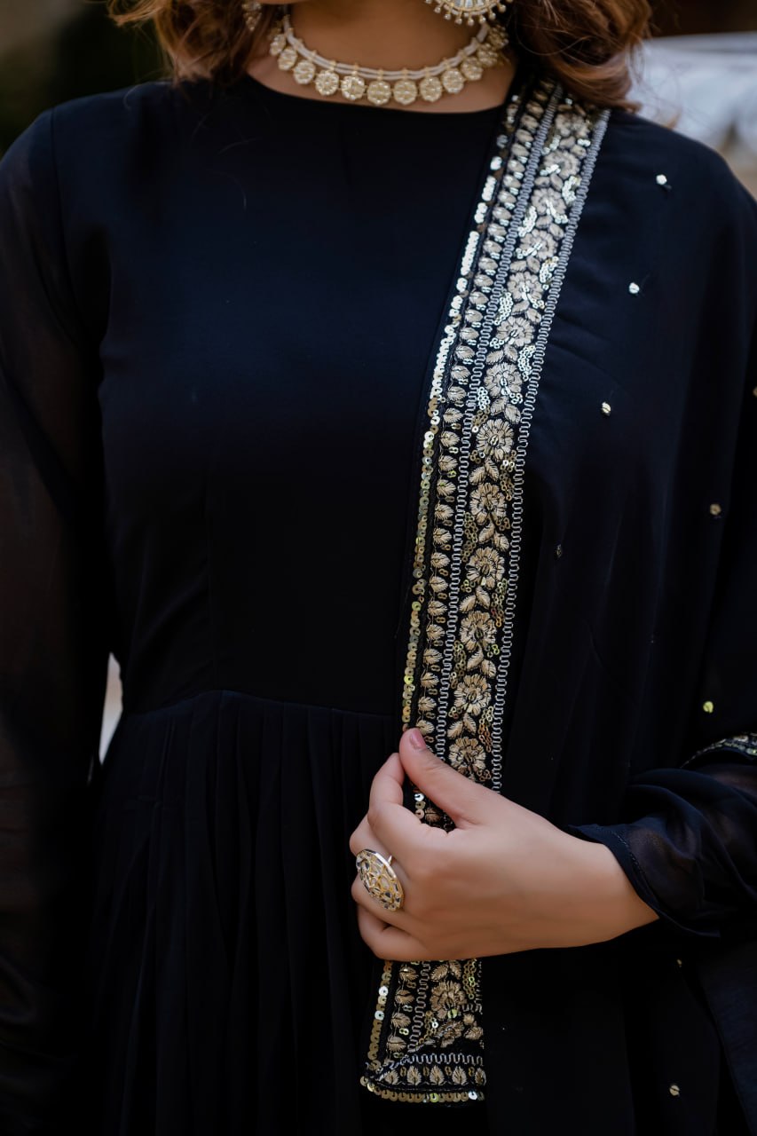 Black Sequins Anarkali Gown with Dupatta