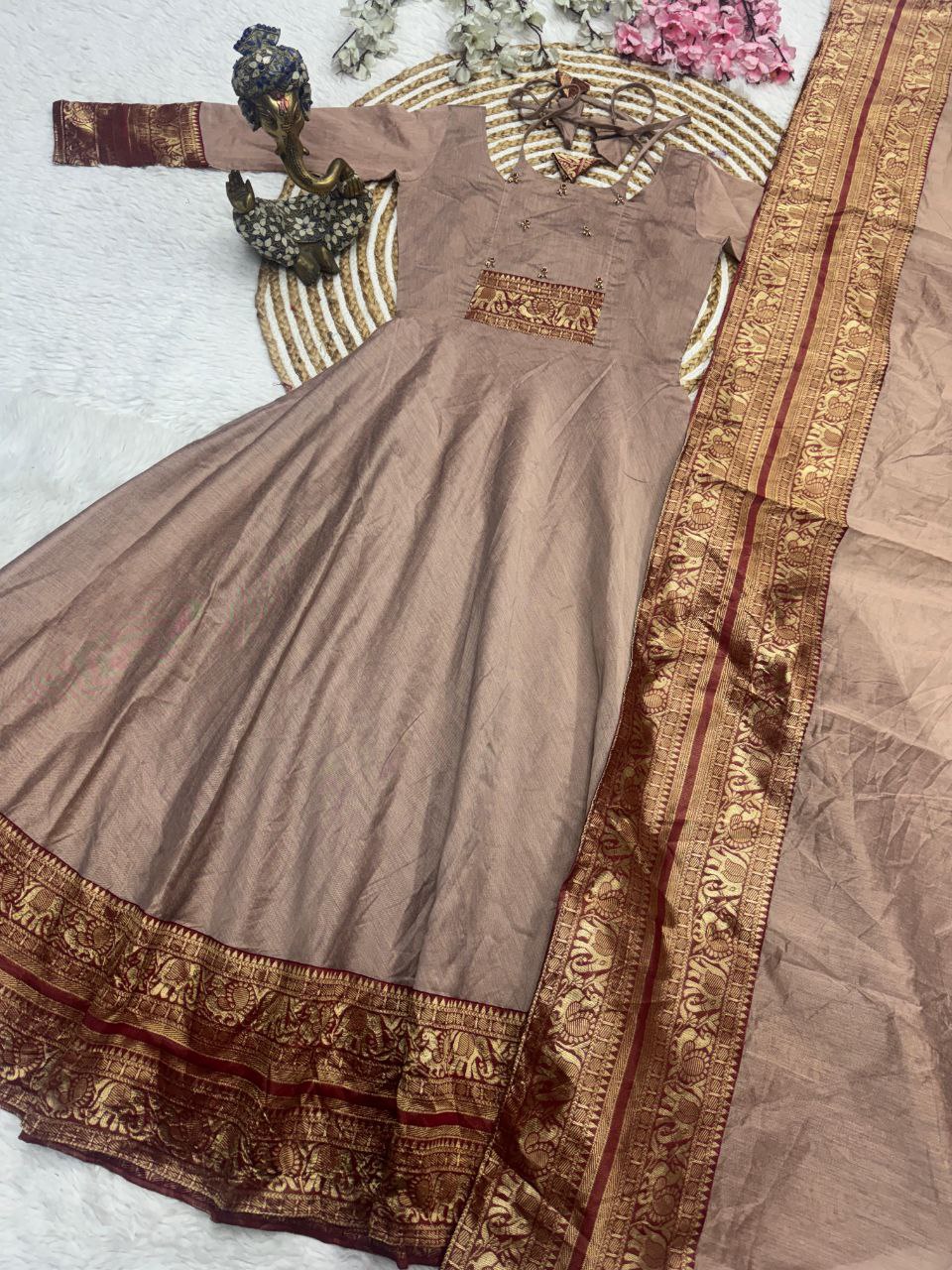 Brown Pattu Cotton Anarkali Kurti Set with Zari Border Dupatta