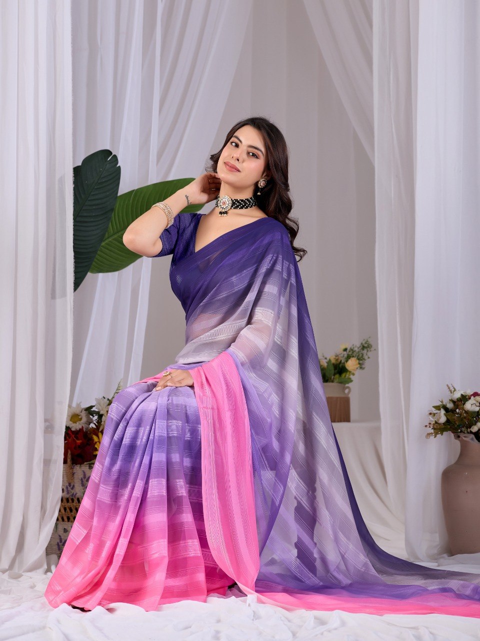 Purple Pink Dual Tone Monsoon Saree with Blouse