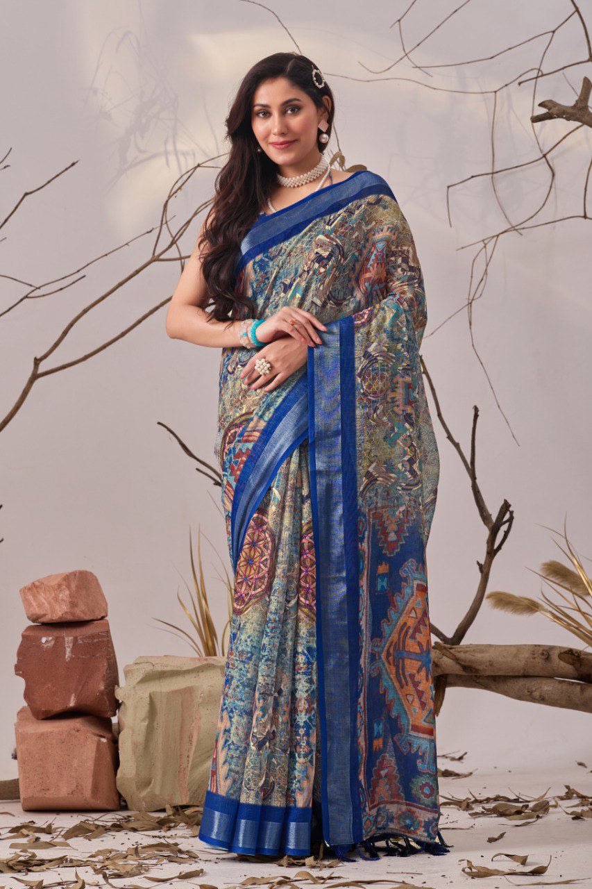 Blue Patola Printed Linen Cotton Saree with Blouse