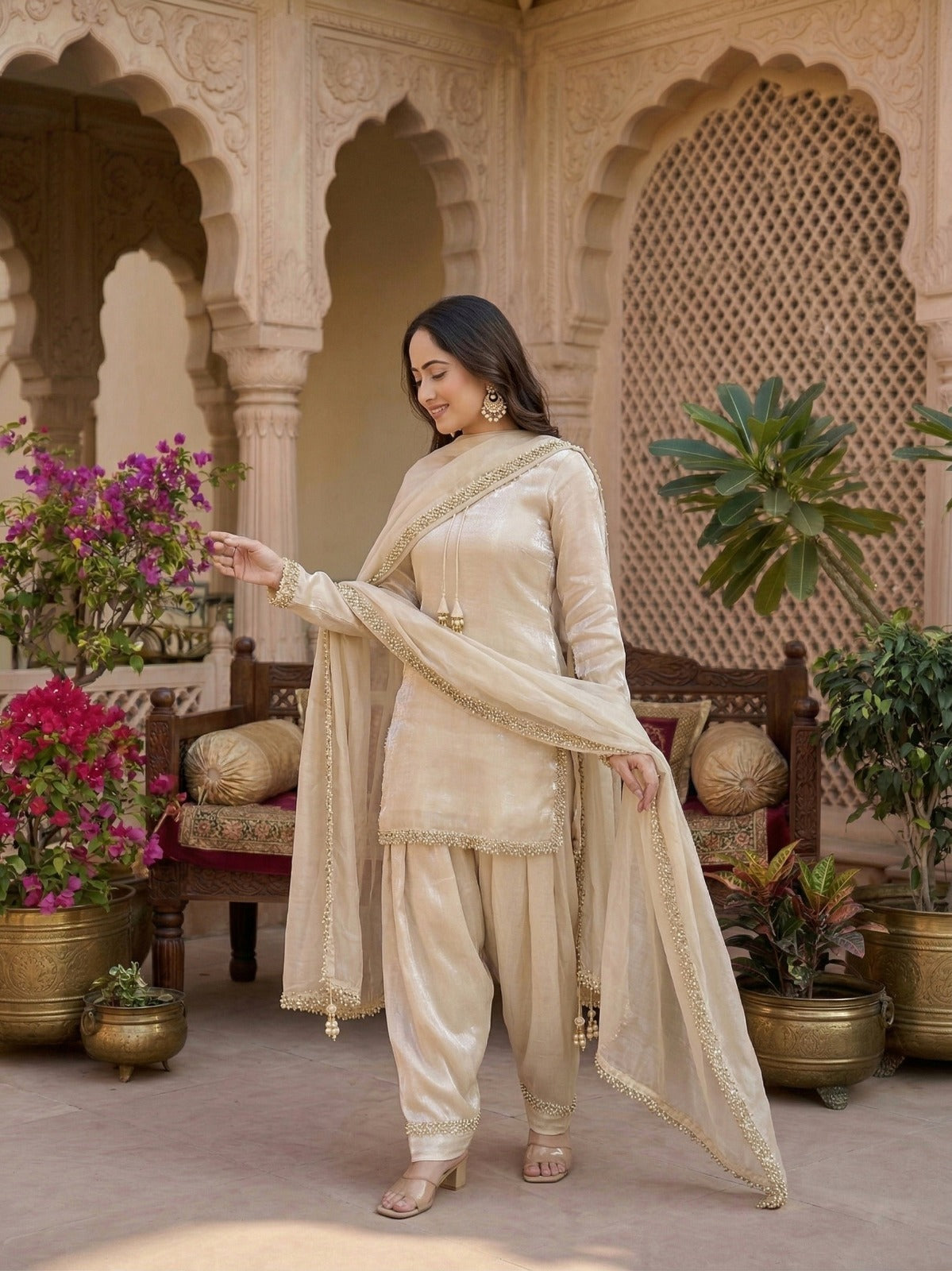 Fendi Satin Mirror Work Farshi Salwar Set with Dupatta