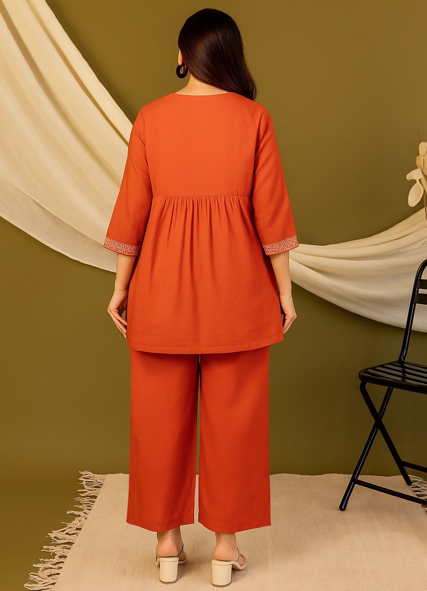 Orange Crepe Embroidered Co-Ord Kurta Pant Set