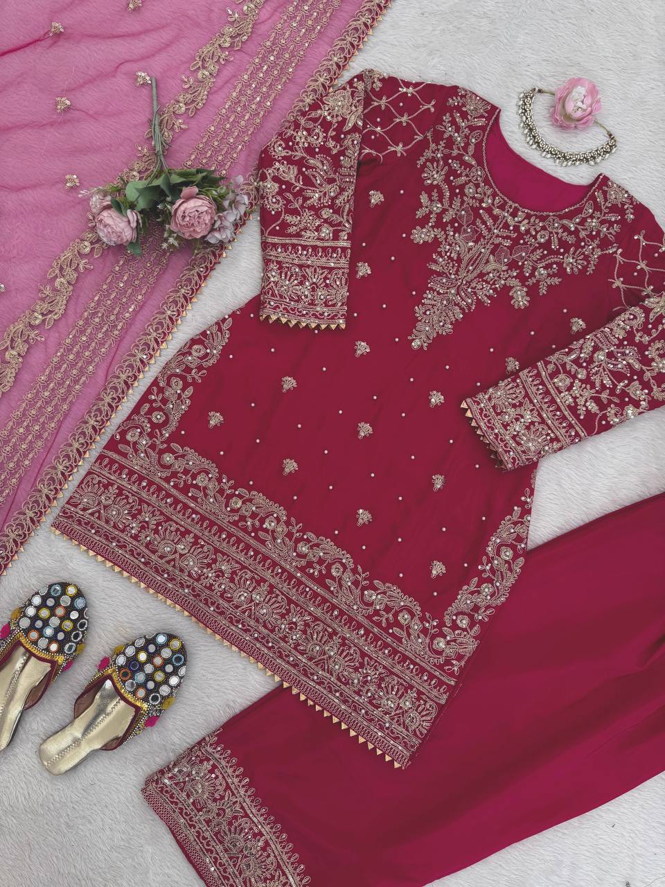 Premium Crepe Kurti Set with Farshi Salwar & Dupatta Party Wear Ethnic Set