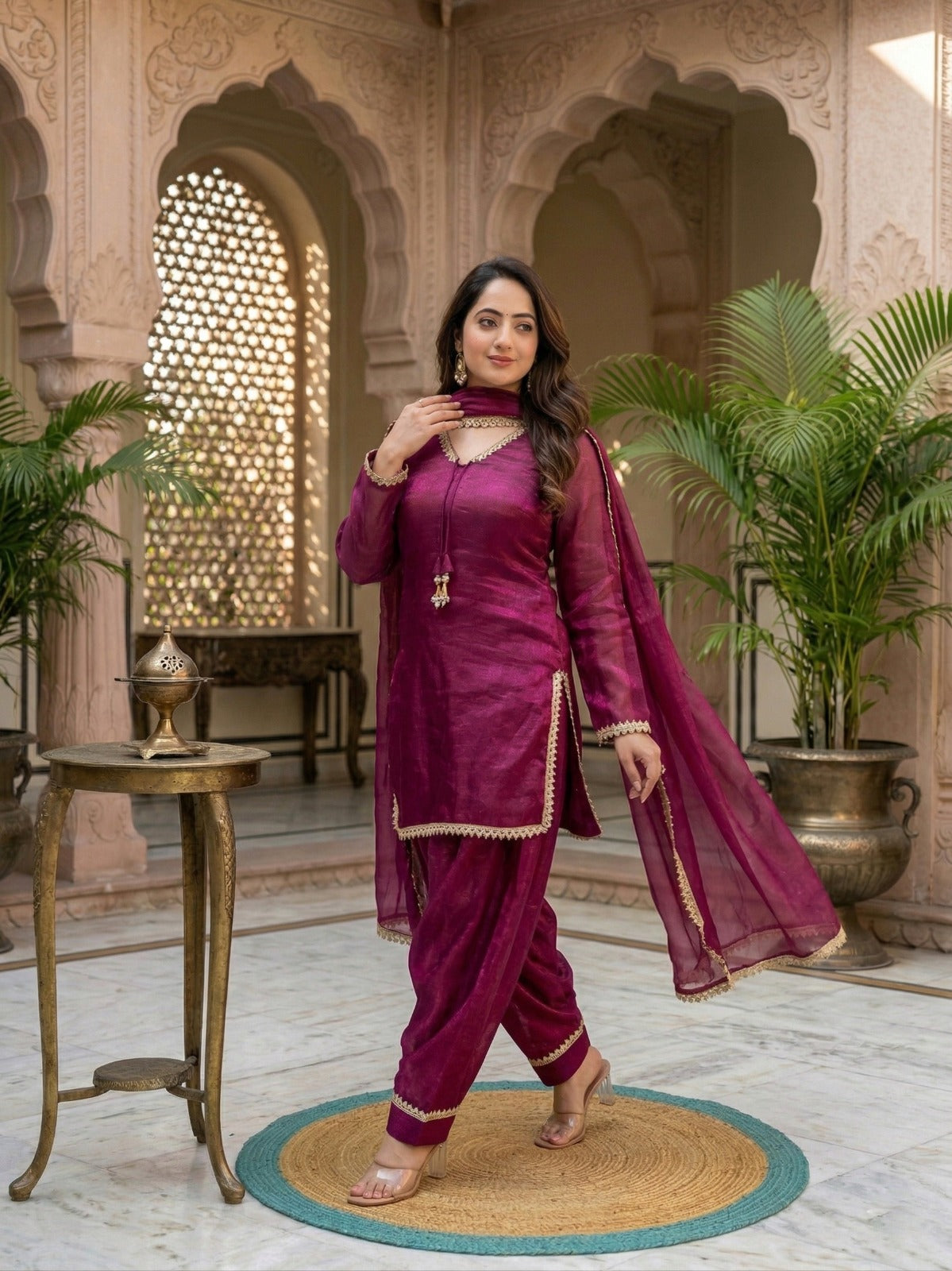 Fendi Satin Mirror Work Farshi Salwar Set with Dupatta