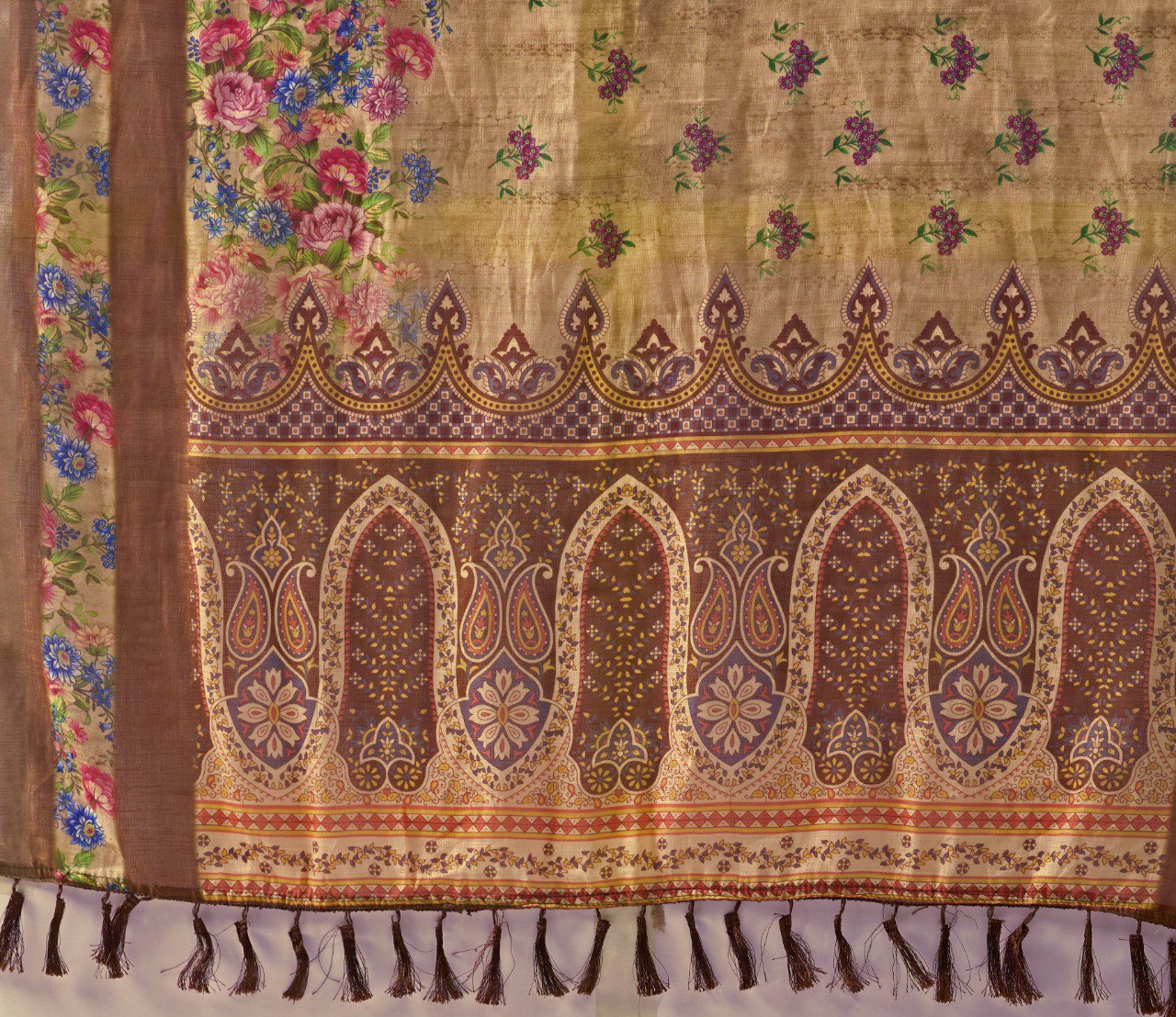 Beige Floral Linen Cotton Saree with Printed Blouse