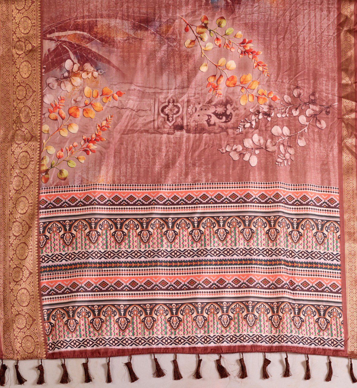 Brown Lichi Silk Saree with Patola Design Woven Border Elegant Ethnic Wear