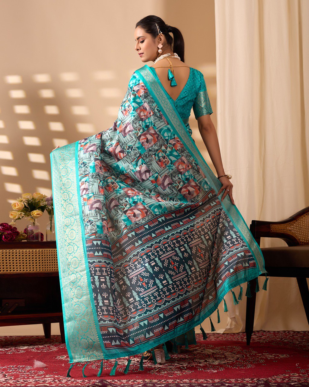 Sea Green Lichi Silk Saree with Zari Border Abstract Floral Print