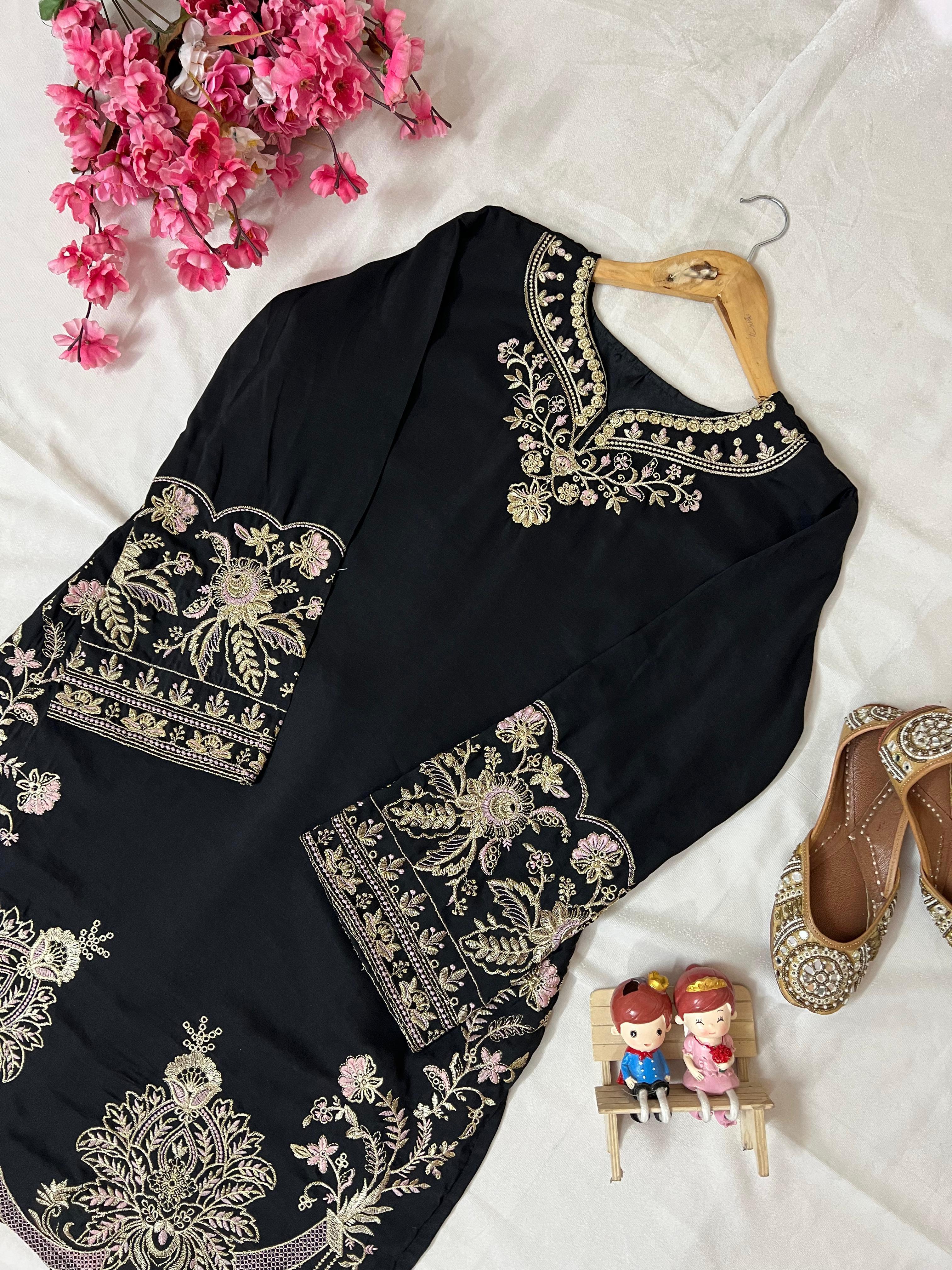 Black Muslin Cotton Embroidered Co-Ord Palazzo Set