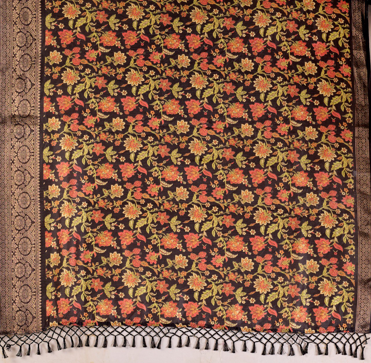 Black Floral Lichi Silk Saree with Zari Border Blouse