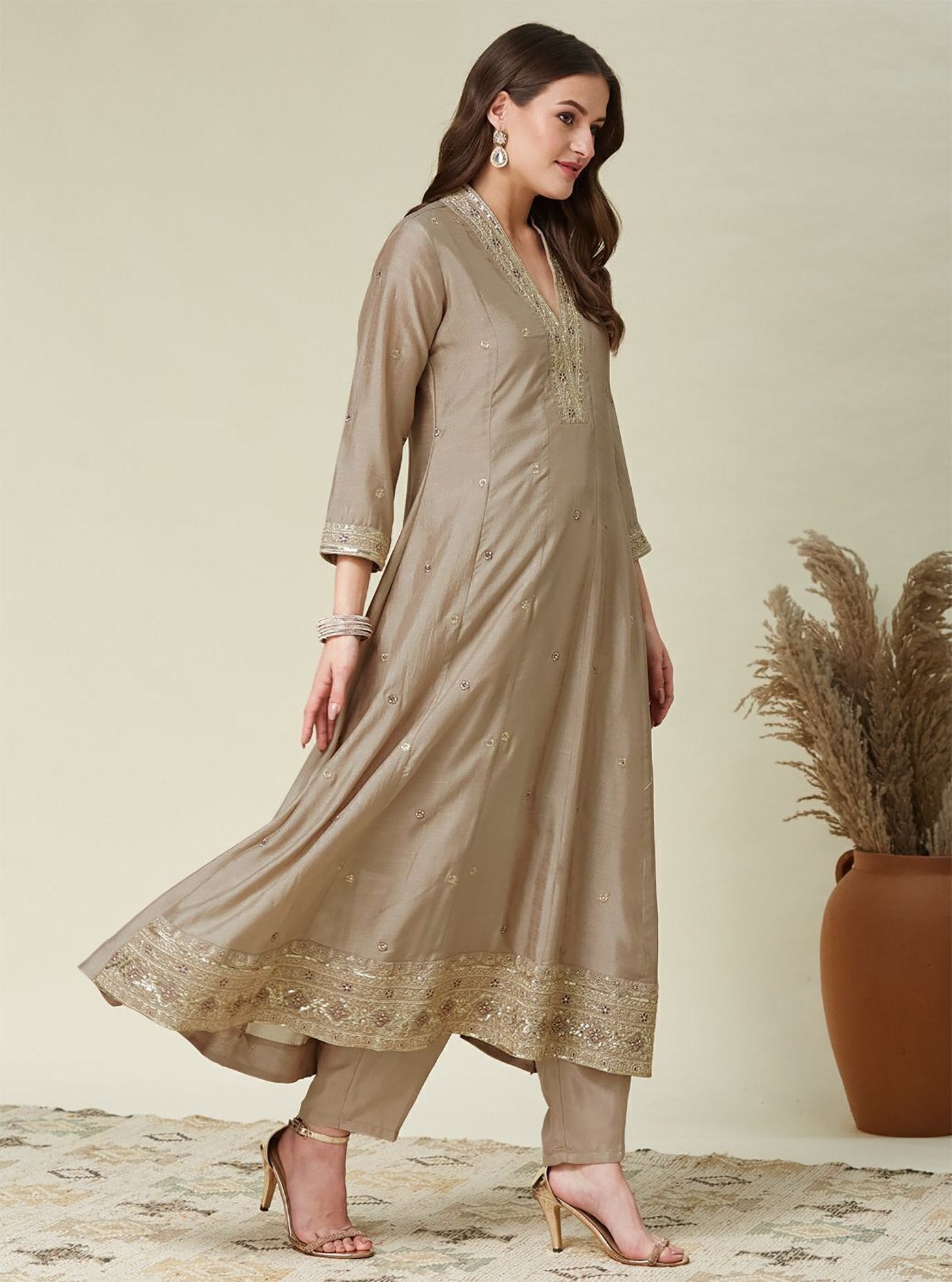 Beige & Wine Vichitra Anarkali Kurti Set with Dupatta