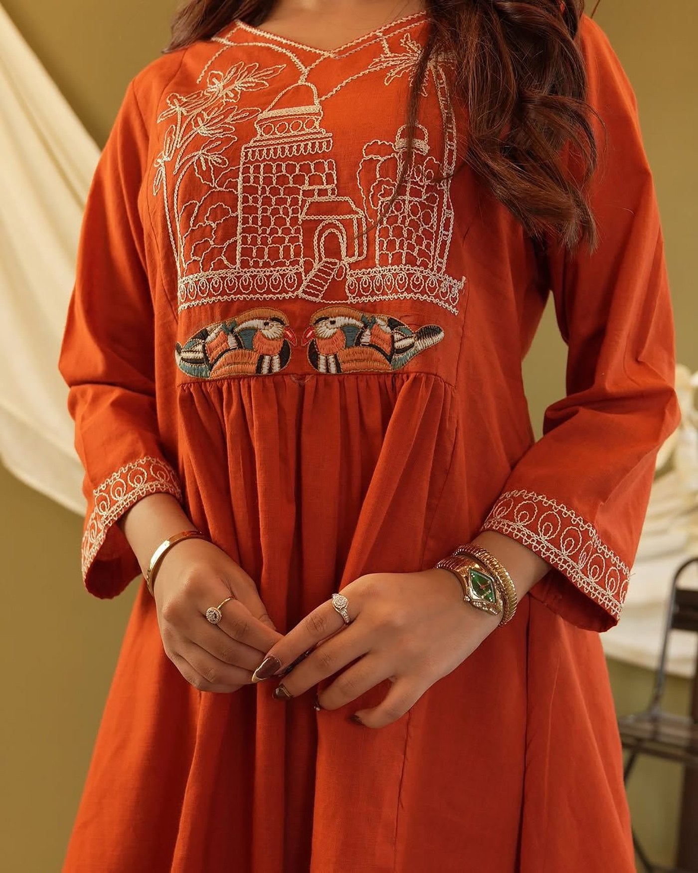 Orange Crepe Embroidered Co-Ord Kurta Pant Set