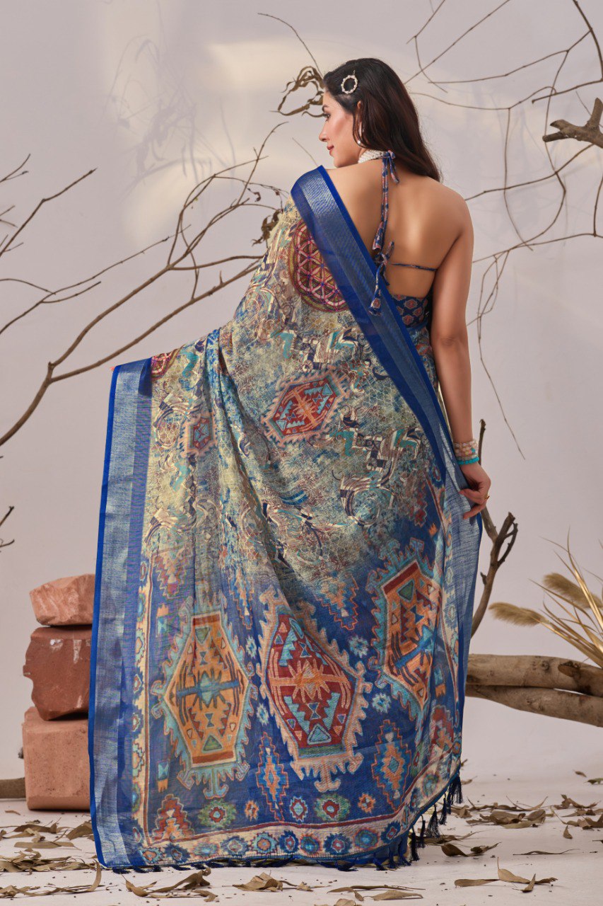 Blue Patola Printed Linen Cotton Saree with Blouse
