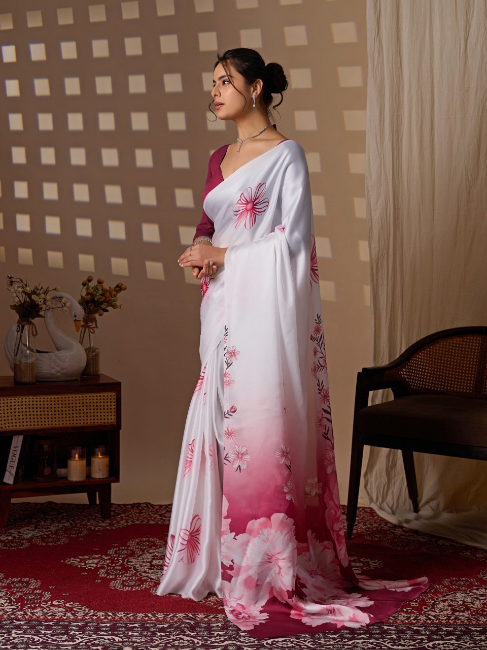 White Pink Floral Satin Georgette Saree with Blouse