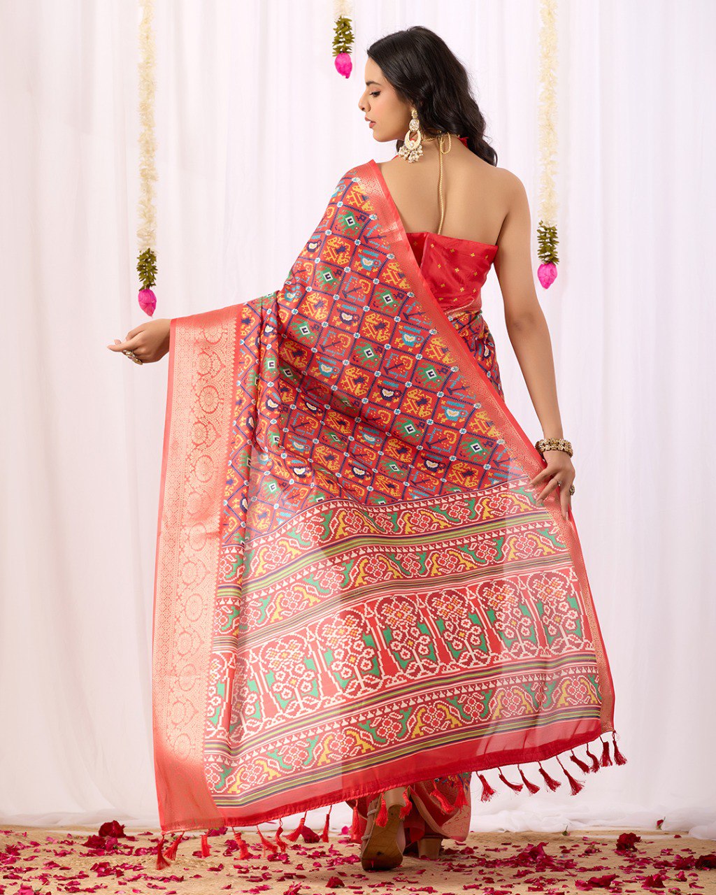 Red Patola Lichi Silk Saree with Contrast Blouse