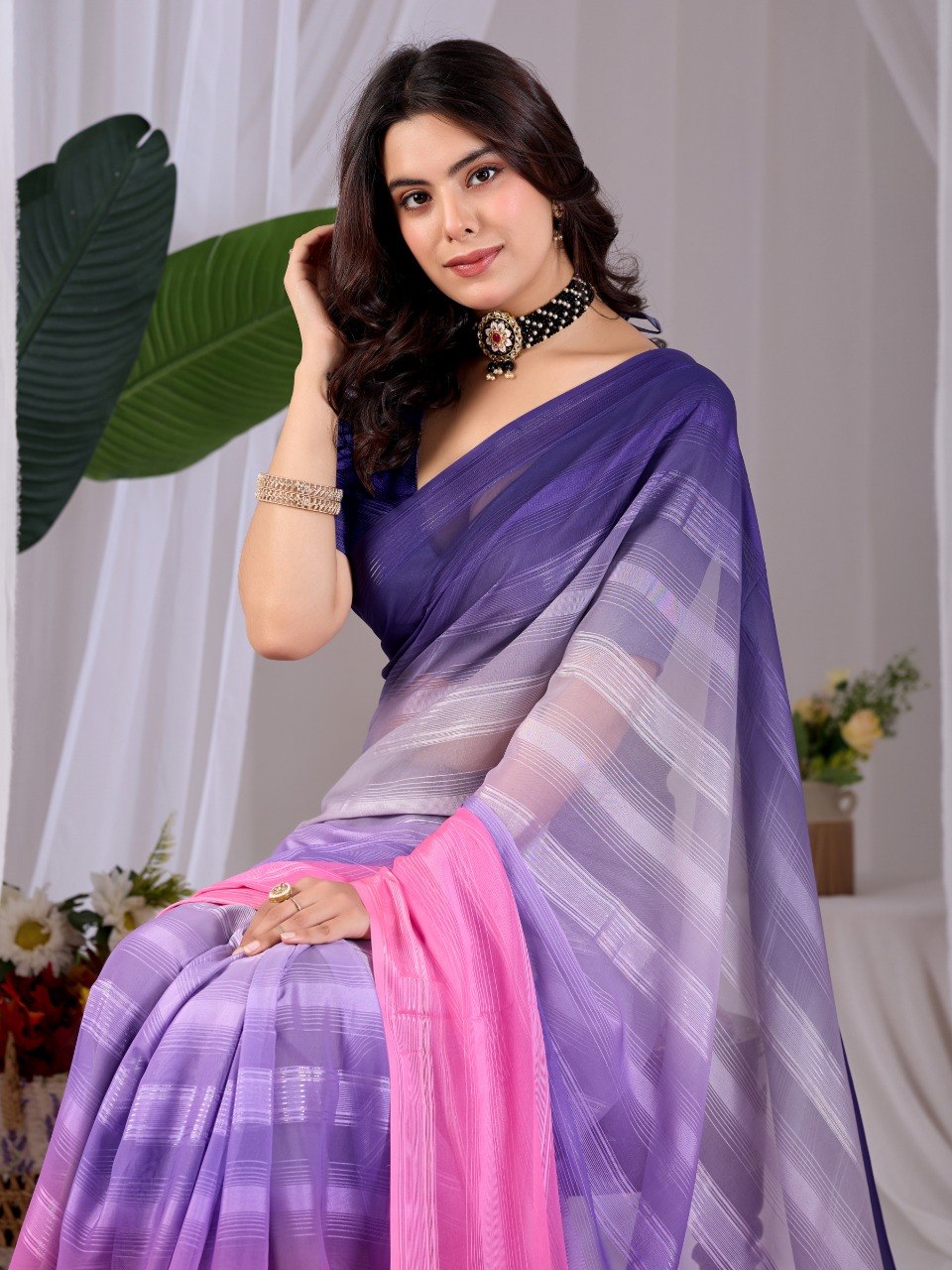Purple Pink Dual Tone Monsoon Saree with Blouse