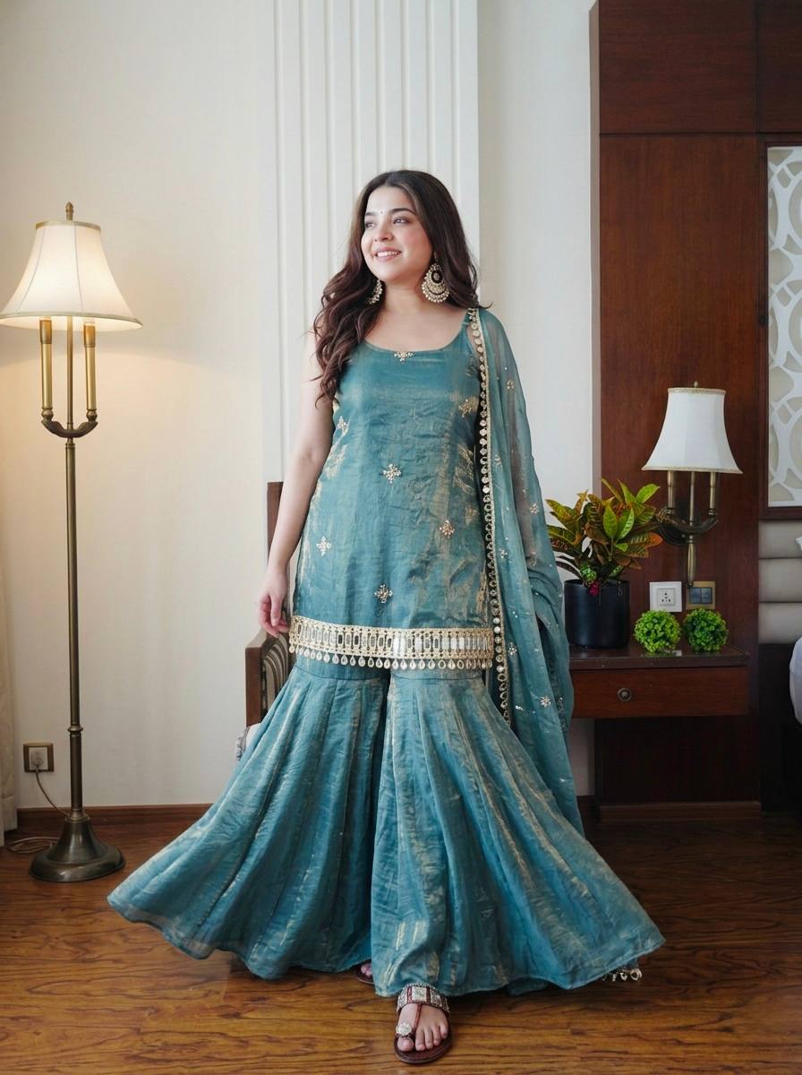 Fendy Silk Sharara Palazzo Set with Dupatta Mirror Work Embroidered Festive Wear