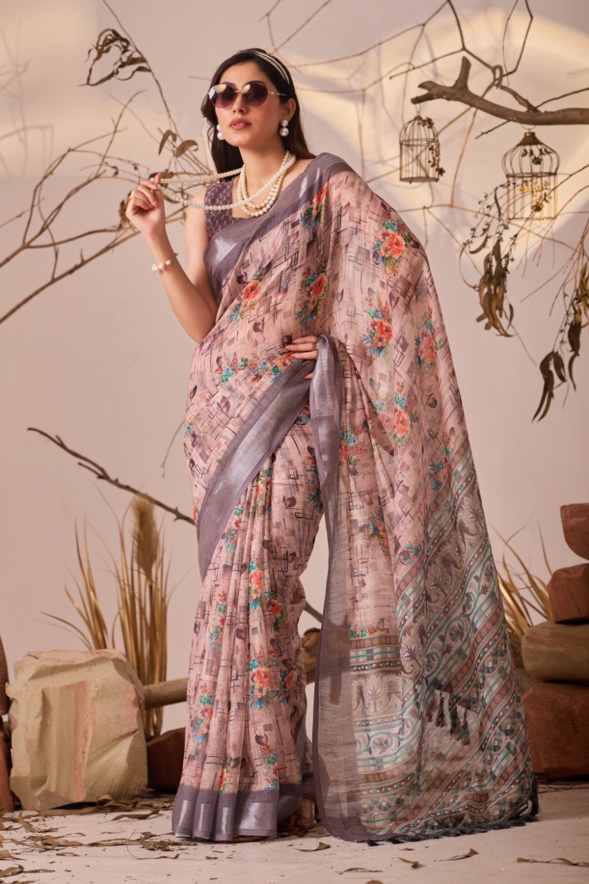 Floral Linen Cotton Saree with Patola Border Blouse