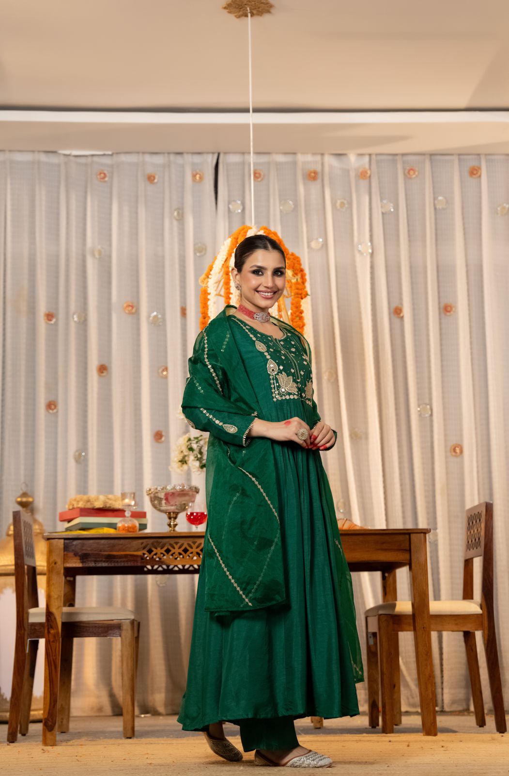 Orange & Green Chanderi Silk Kurti Set for Women with Organza Dupatta