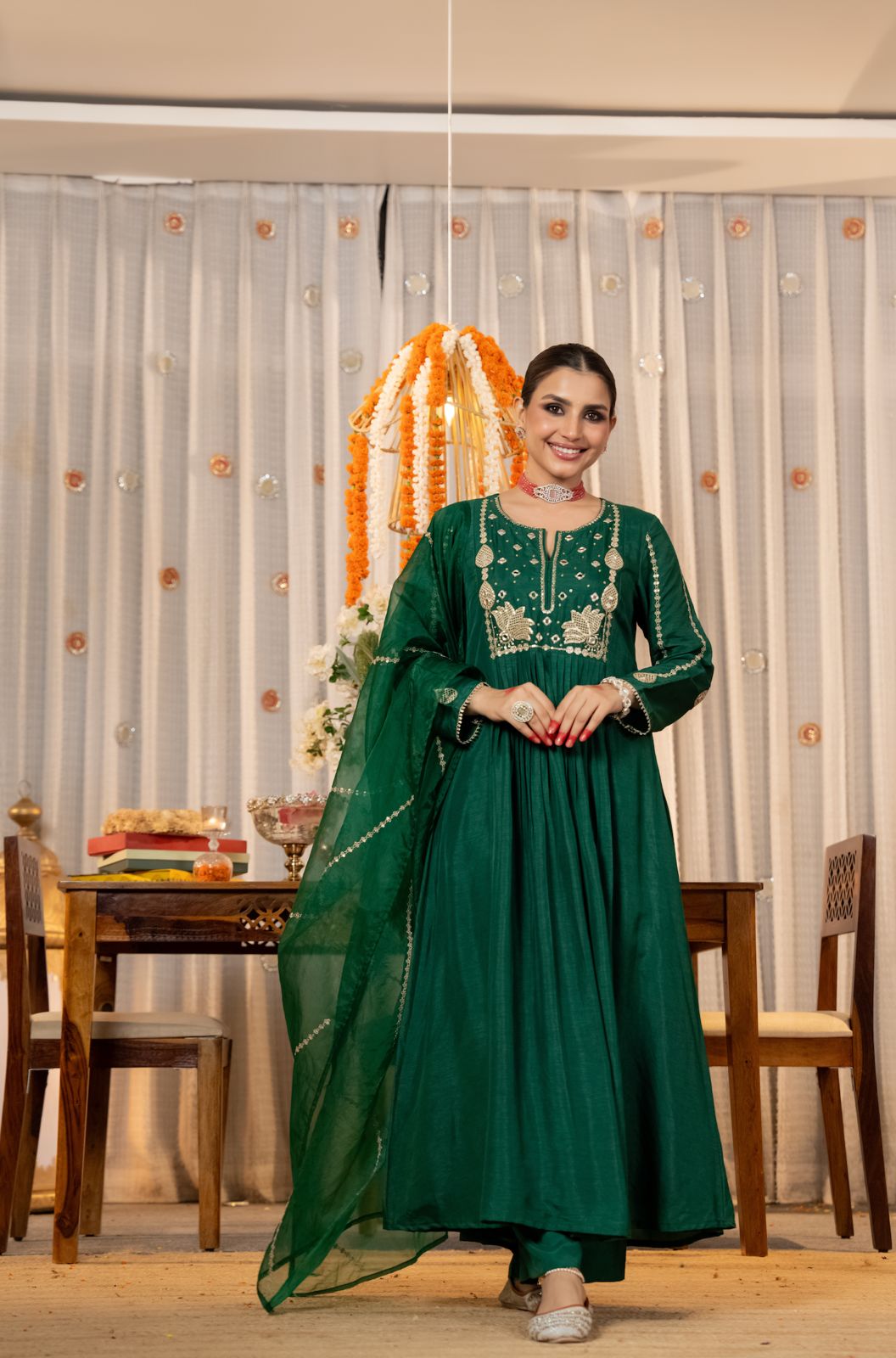 Orange & Green Chanderi Silk Kurti Set for Women with Organza Dupatta