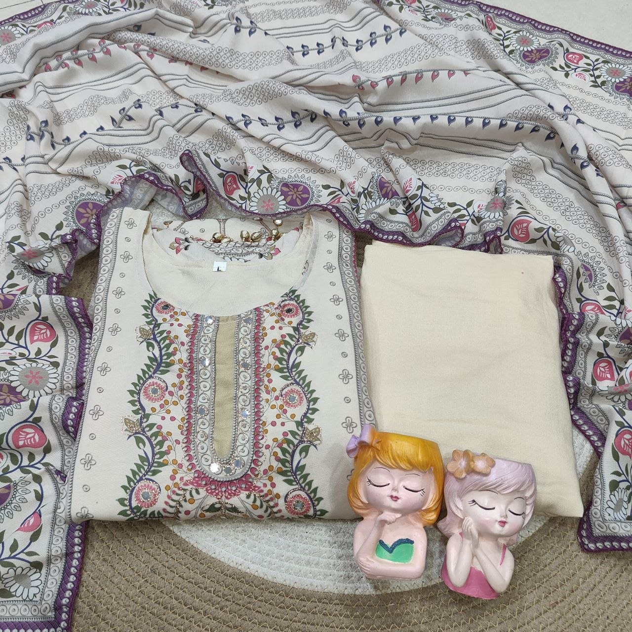 Maslin Ethnic Kurti Pant Set with Dupatta Embroidery Mirror Work Festive Wear