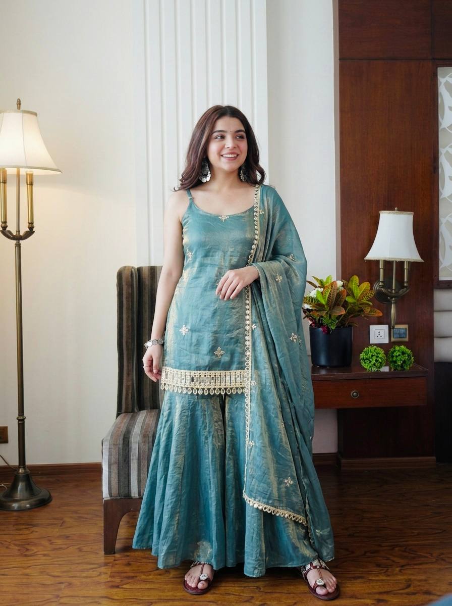 Fendy Silk Sharara Palazzo Set with Dupatta Mirror Work Embroidered Festive Wear