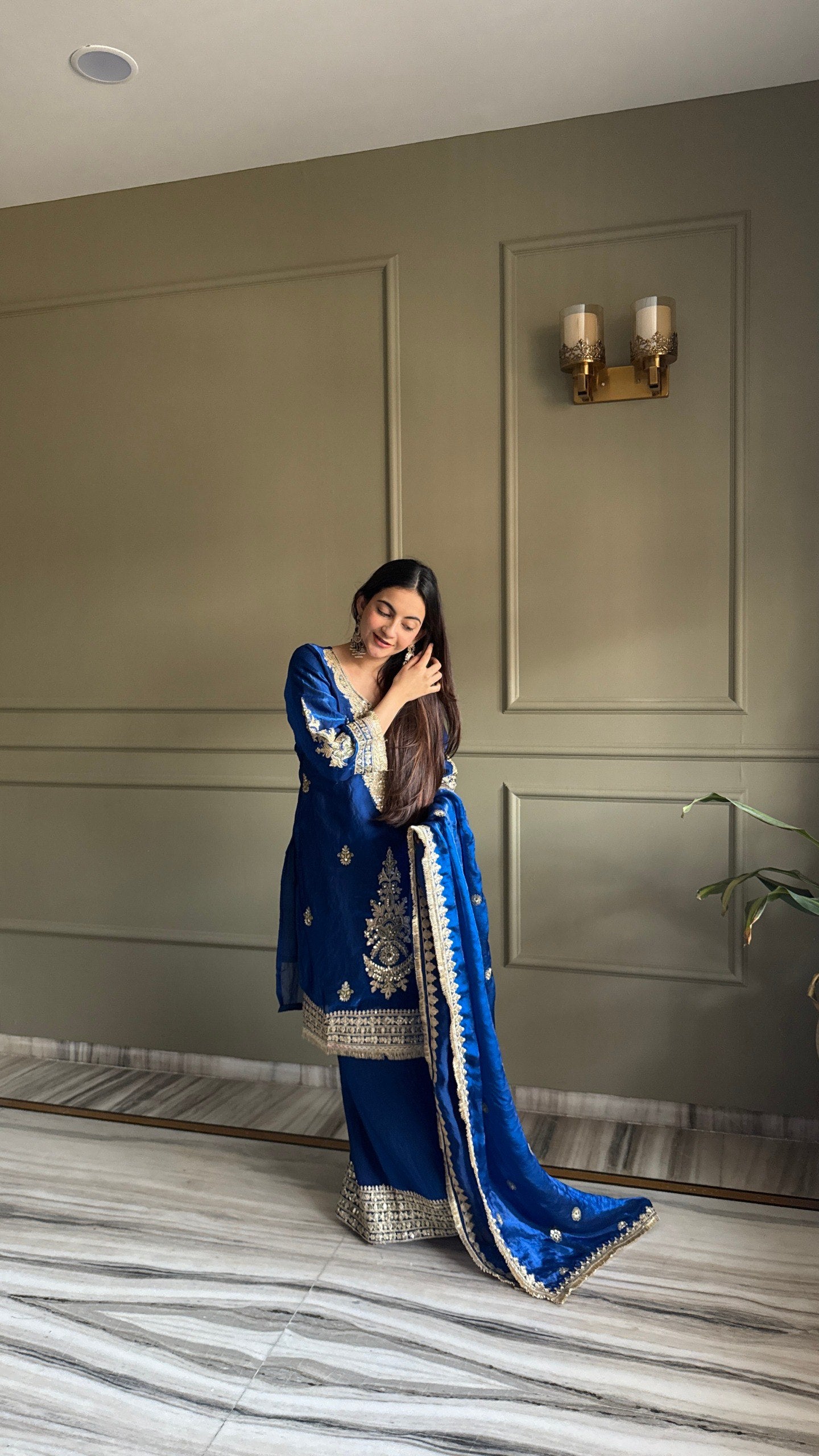 Pink & Navy Fendi Satin Designer Kurti Palazzo Set
