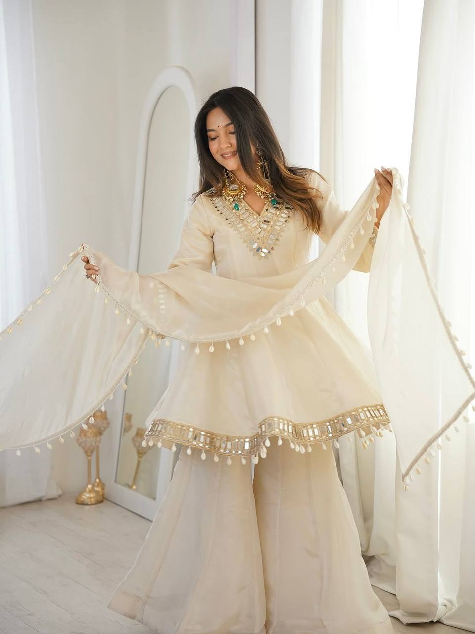 Off White Organza Silk Mirror Work Sharara Set