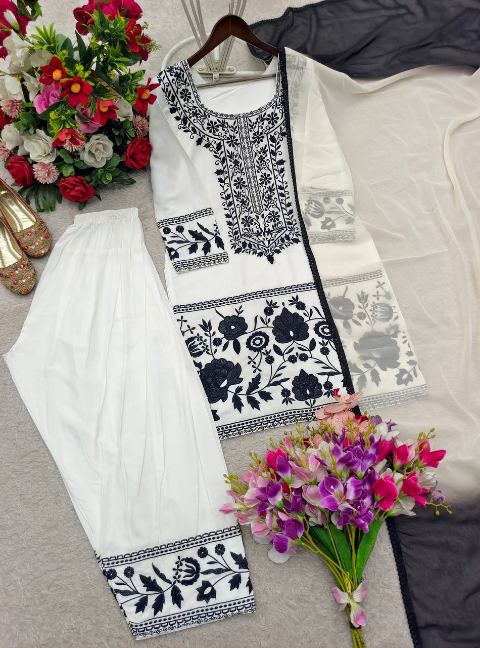 White Crepe Embroidered Farshi Palazzo Set with Dupatta