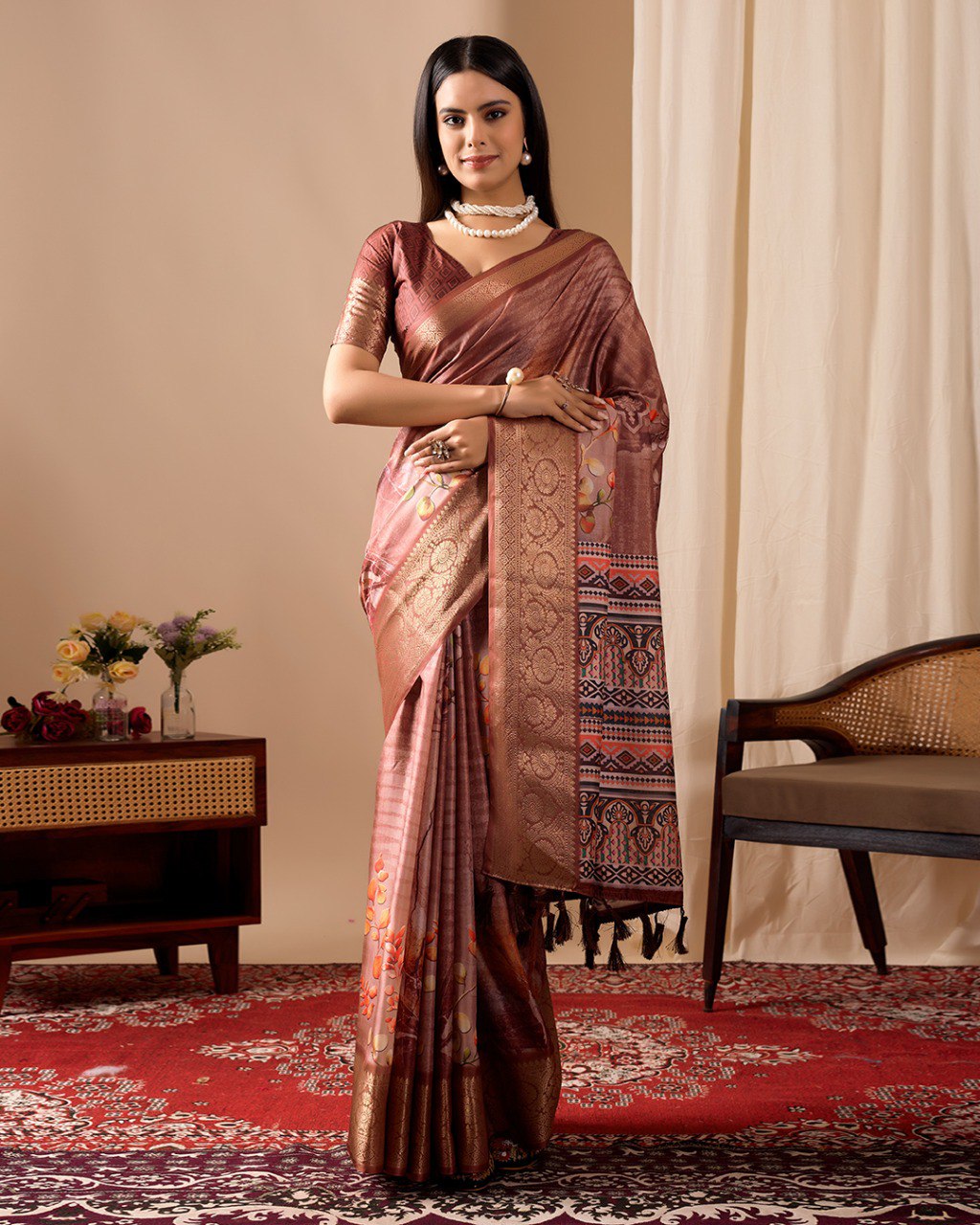Brown Lichi Silk Saree with Patola Design Woven Border Elegant Ethnic Wear