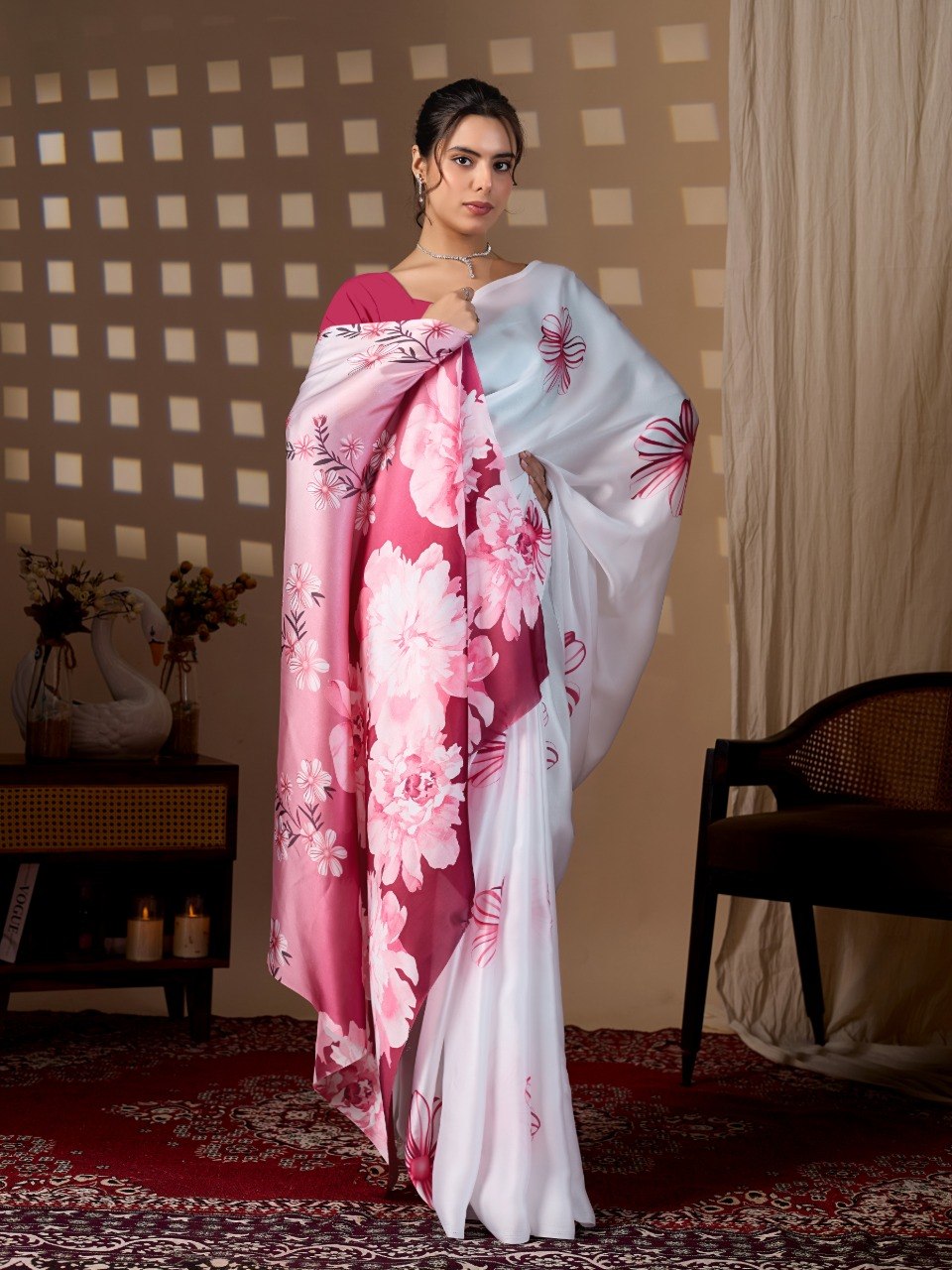 White Pink Floral Satin Georgette Saree with Blouse