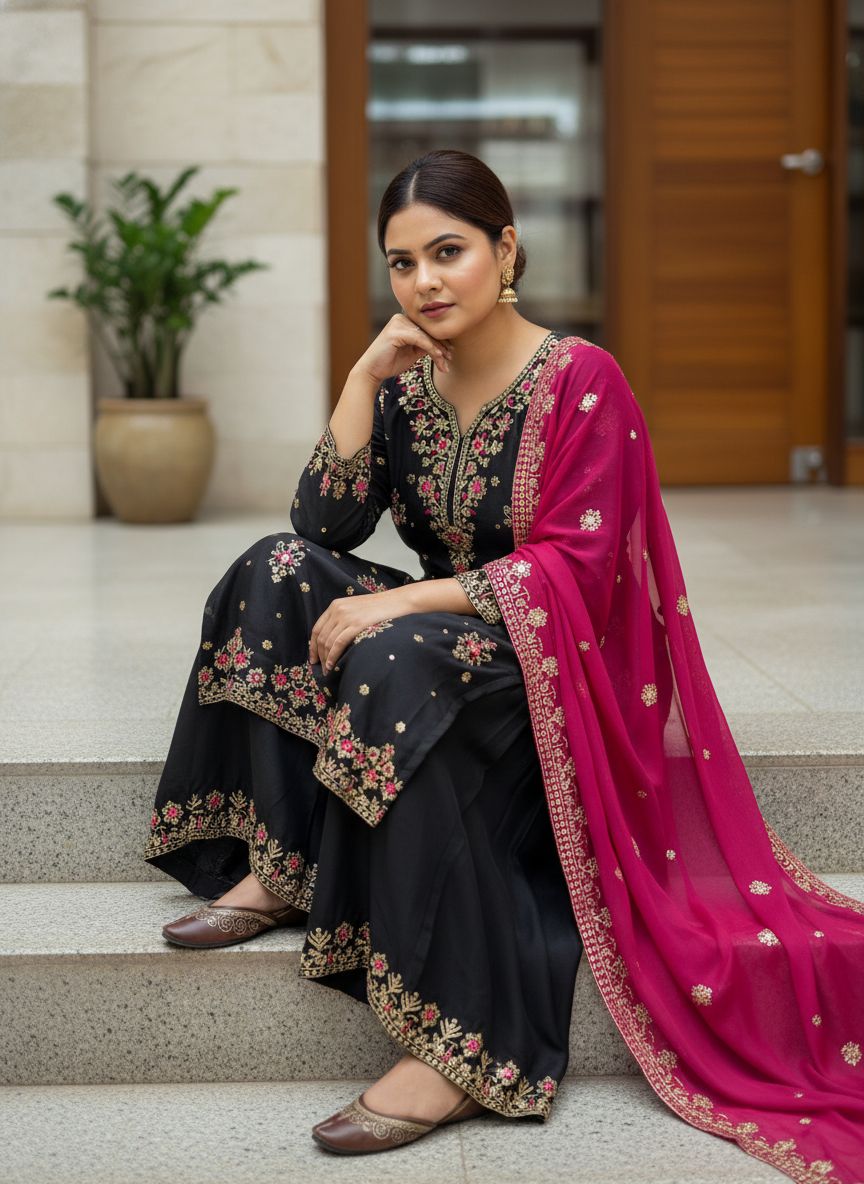 Black & Off White Georgette Sequins Palazzo Set with Dupatta