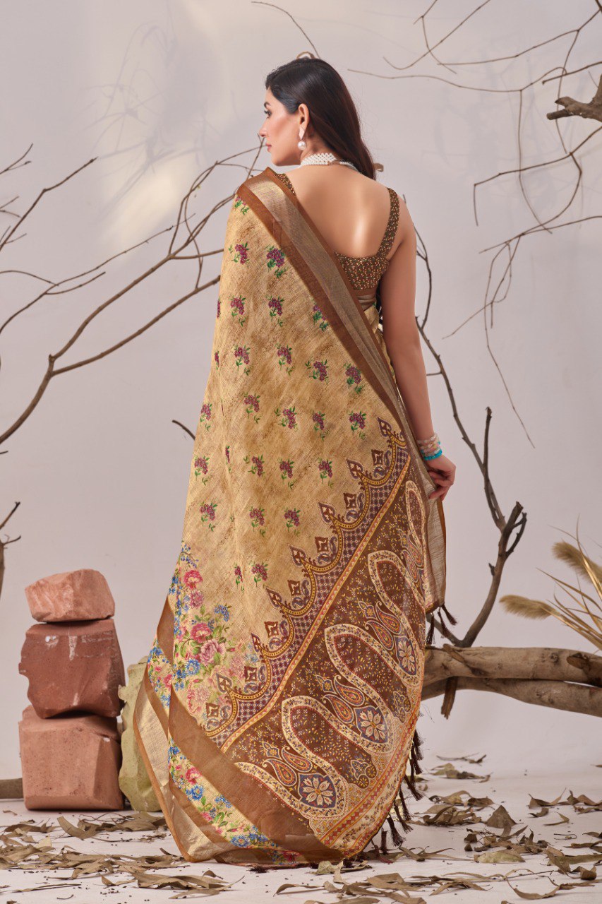Beige Floral Linen Cotton Saree with Printed Blouse