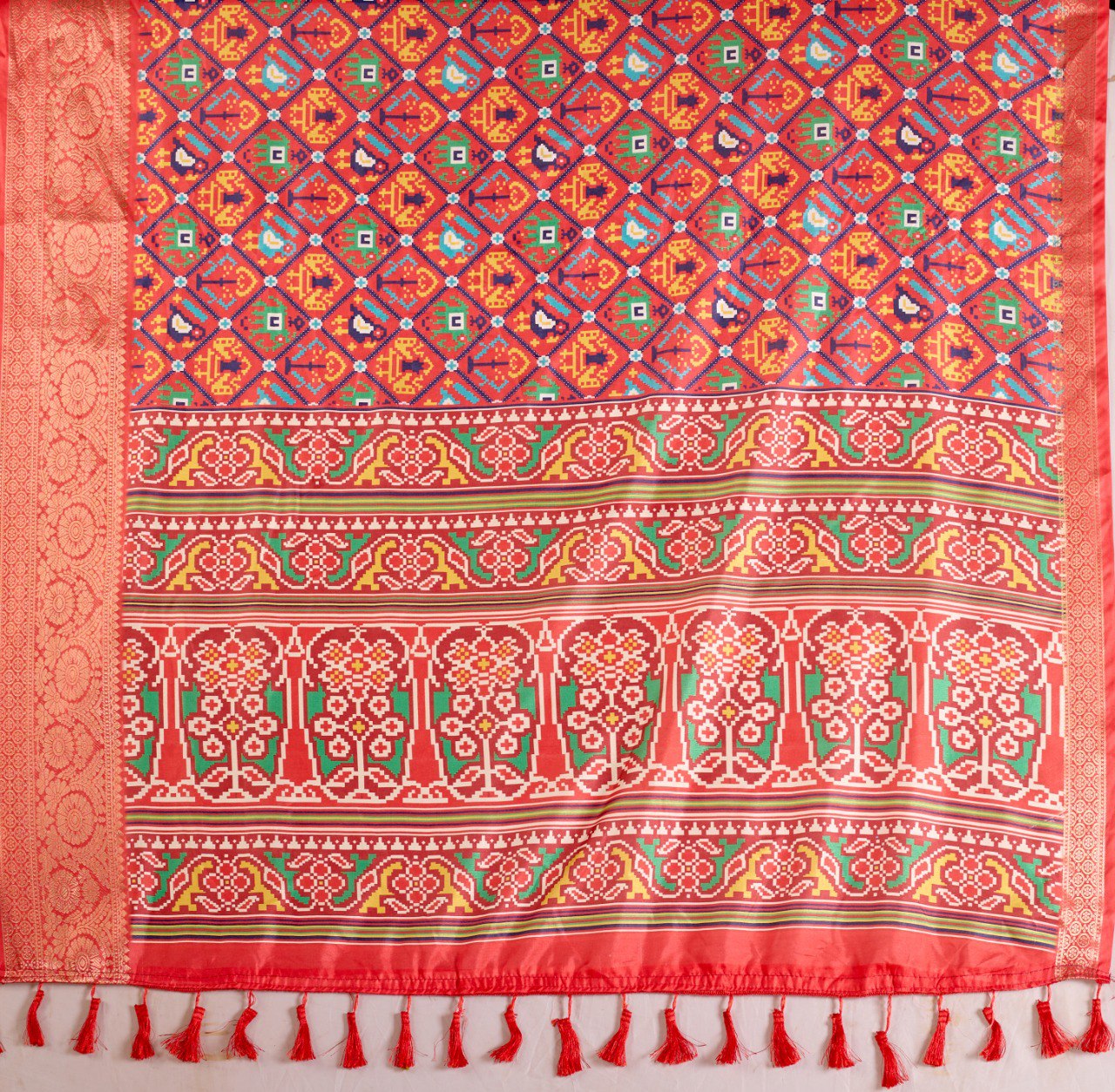 Red Patola Lichi Silk Saree with Contrast Blouse